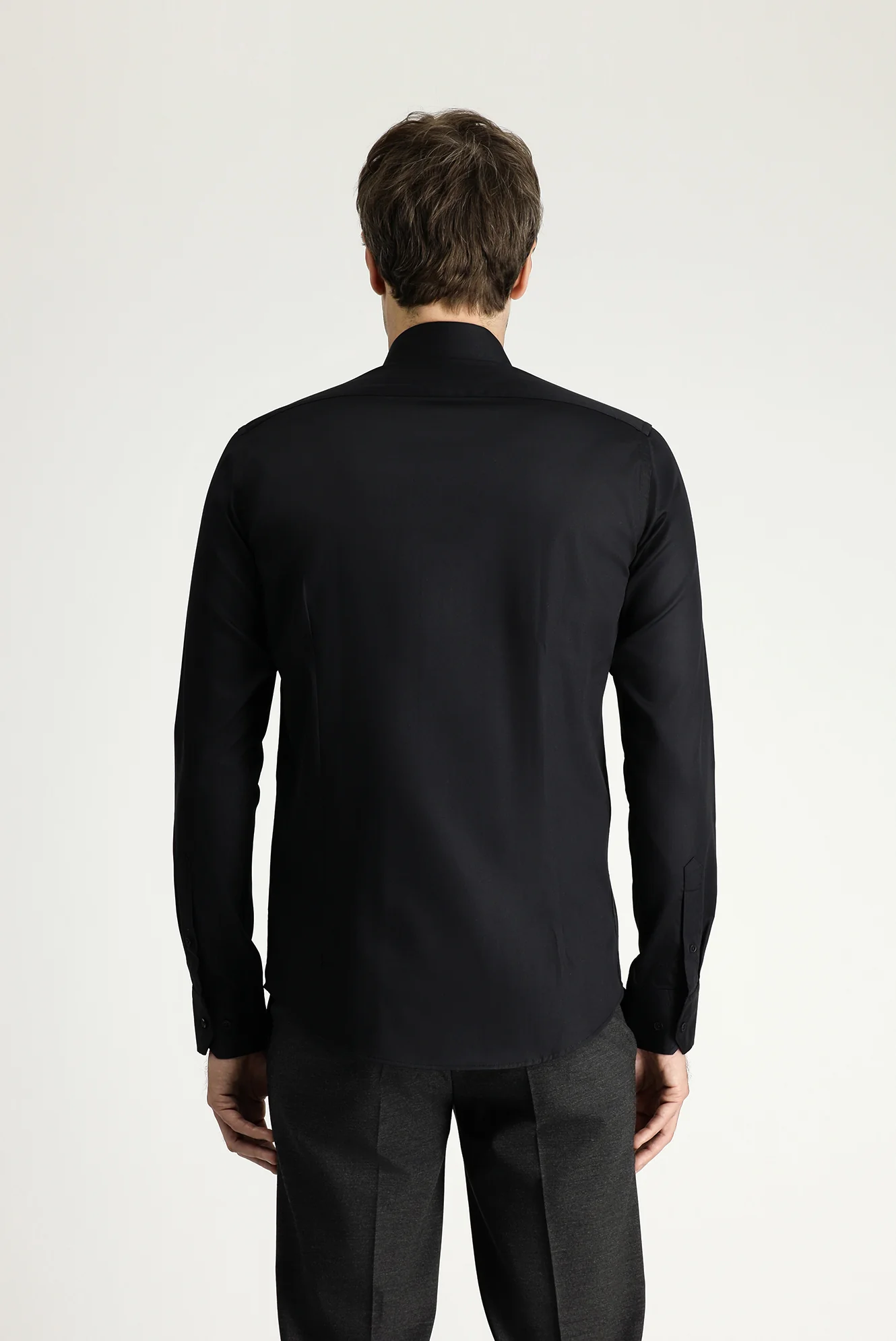 Siyah Uzun Kol Slim Fit Dar Kesim Klasik Non Iron Saten Pamuklu Gömlek - Image 4