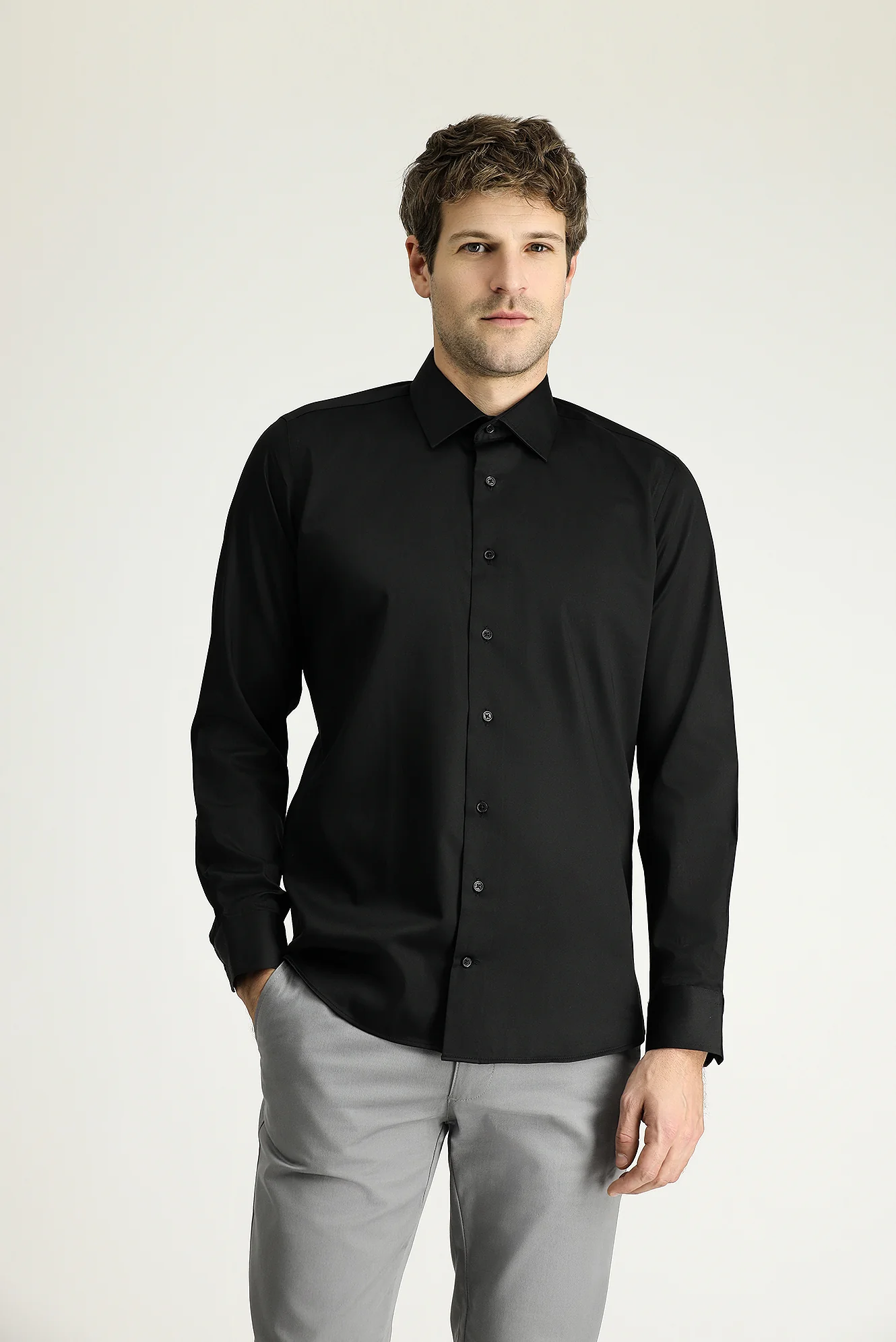 Siyah Uzun Kol Slim Fit Dar Kesim Klasik Nano Care Su İtici Leke Tutmaz 4 Mevsim Pamuk Gömlek - Image 3