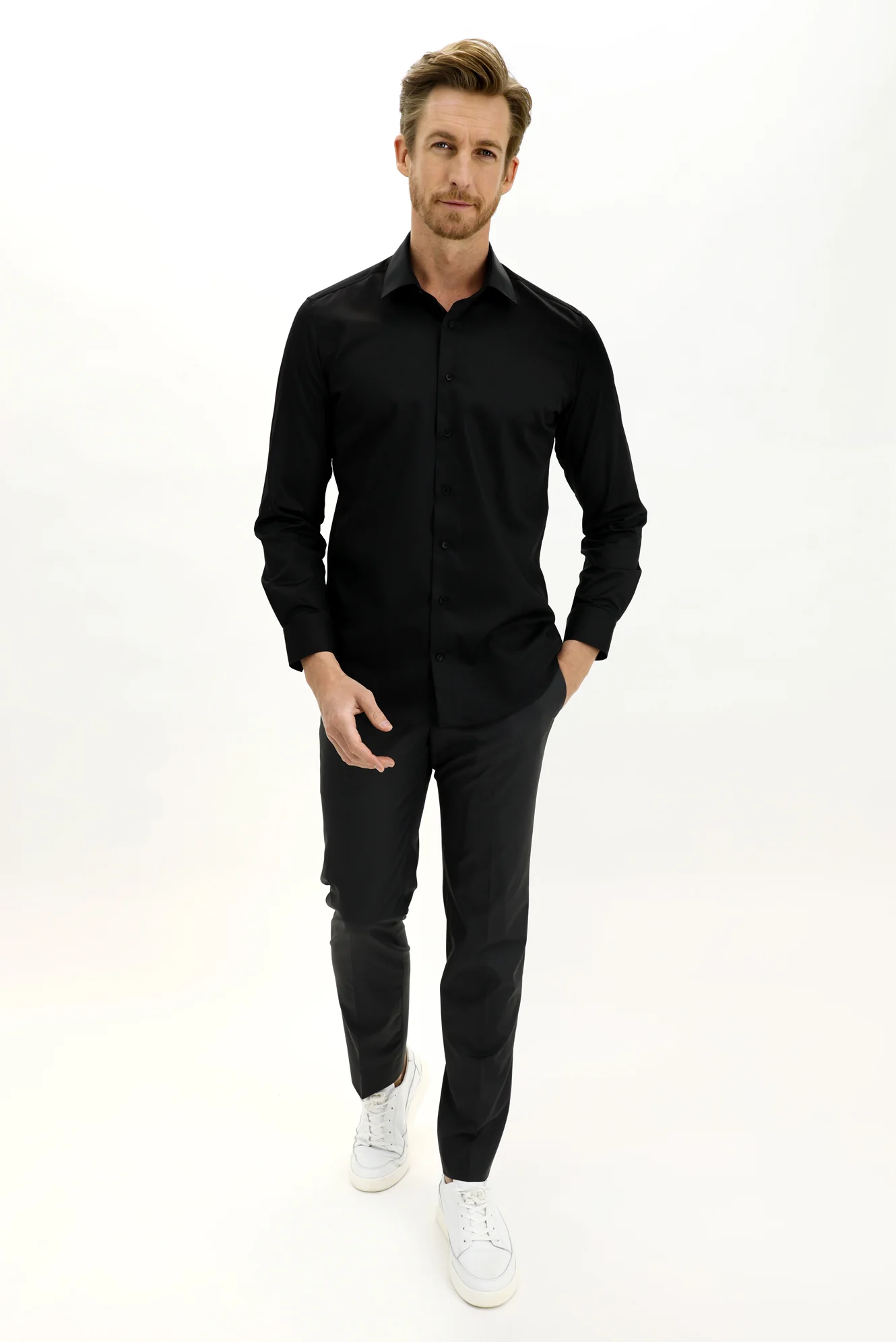 Siyah Uzun Kol Slim Fit Dar Kesim Non Iron Gömlek - Image 2
