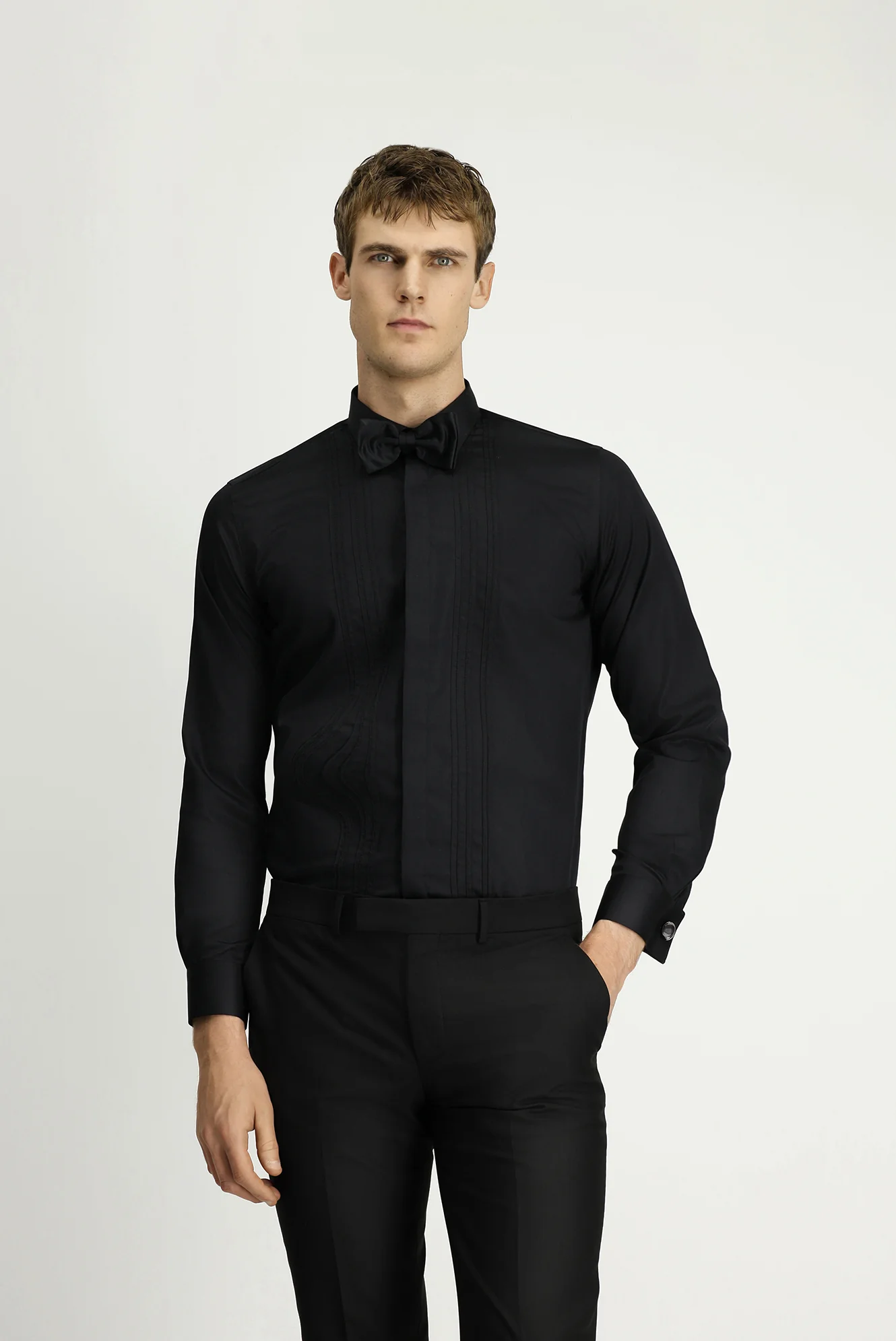 Siyah Uzun Kol Slim Fit Dar Kesim Non Iron Klasik Piliseli Pamuklu Gömlek - Image 3