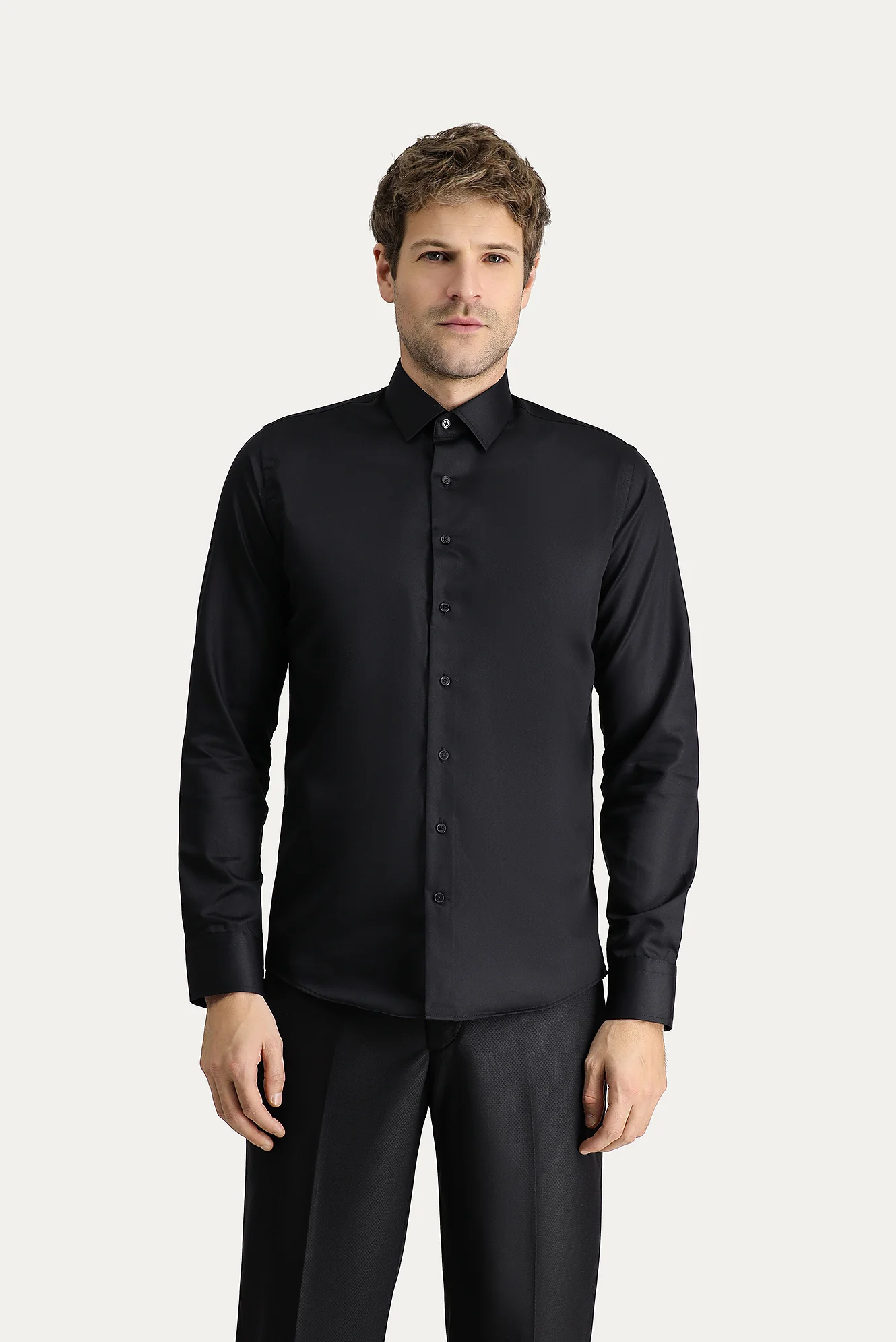 Siyah Uzun Kol Slim Fit Dar Kesim Non Iron Klasik Pamuklu Gömlek - Image 3