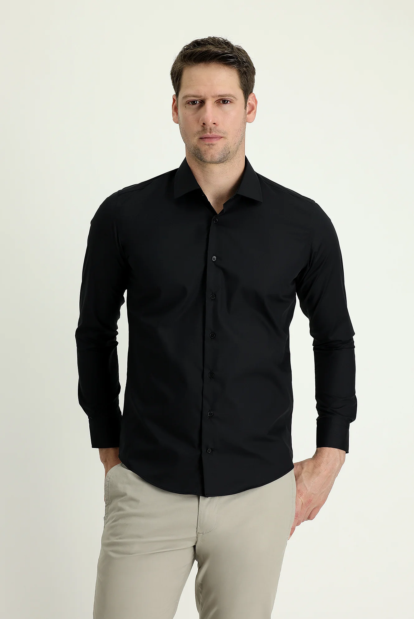 Siyah Uzun Kol Slim Fit Dar Kesim Non Iron Klasik Pamuklu Gömlek - Image 2
