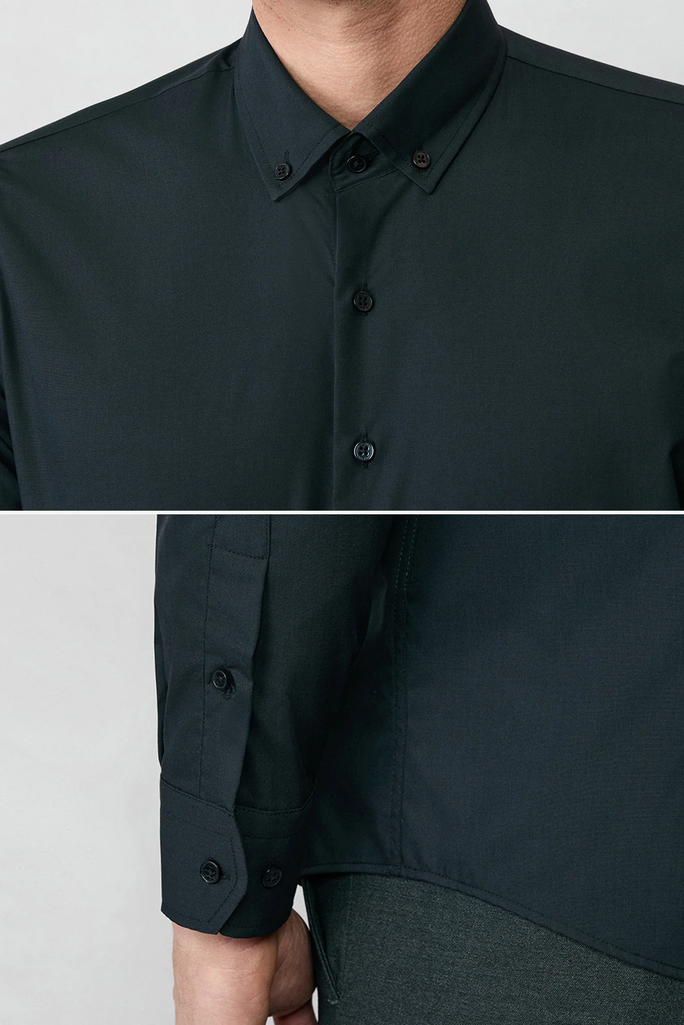 Siyah Uzun Kol Slim Fit Düğmeli Yaka Pamuklu Non Iron Ütü Gerektirmeyen Gömlek - Image 5