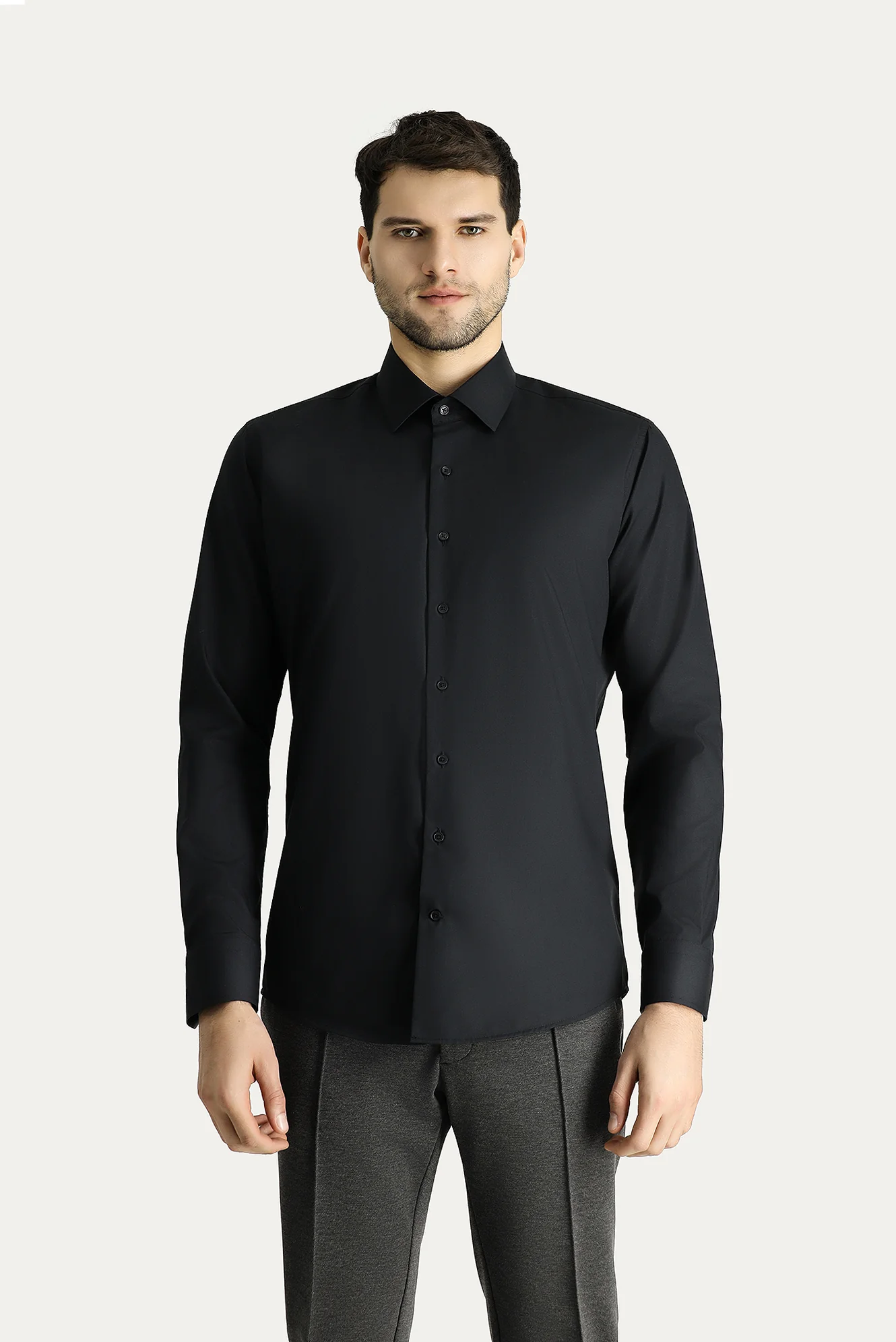 Siyah Uzun Kol Slim Fit Non Iron Ütü Gerektirmeyen Pamuklu Klasik Gömlek - Image 4