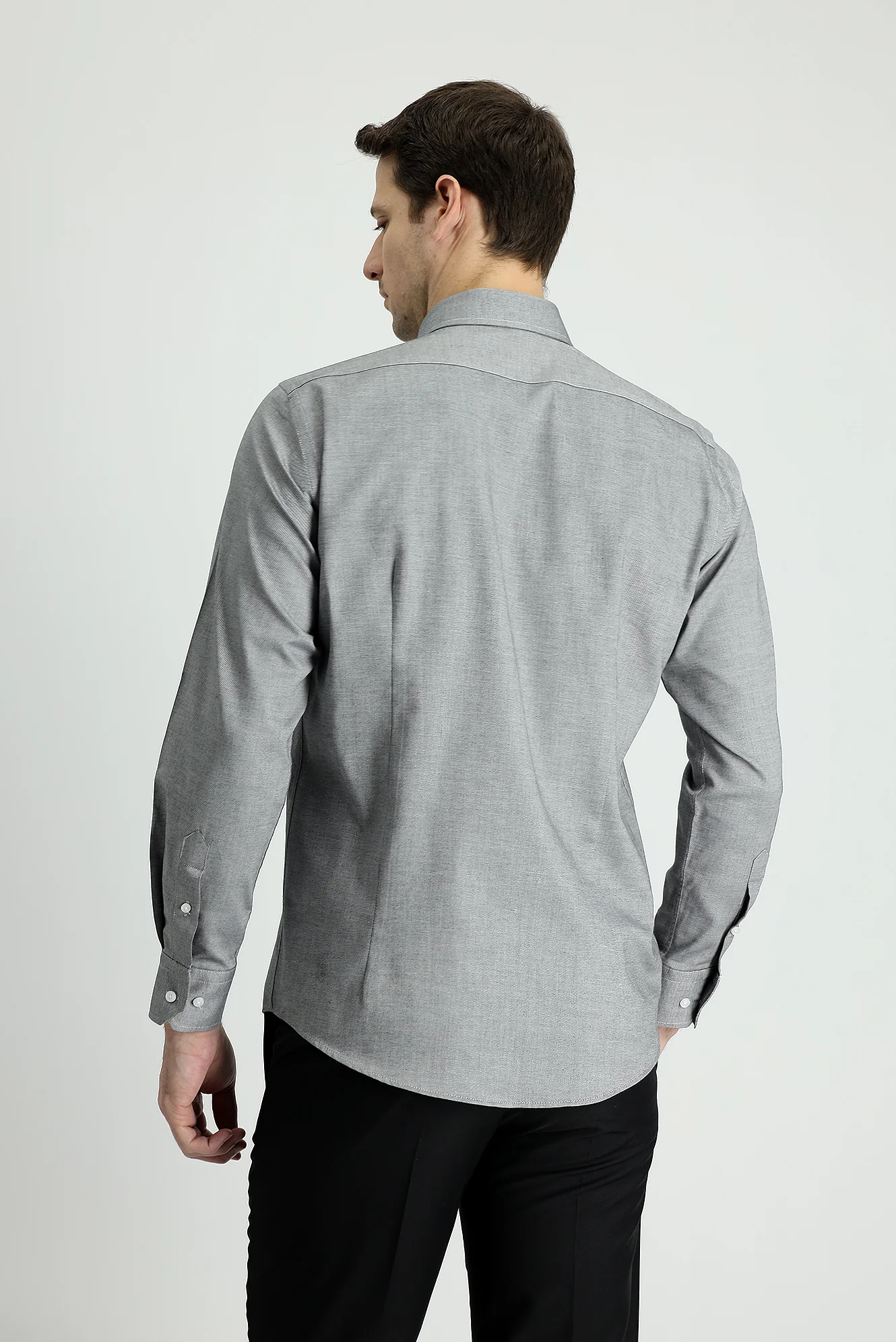 Siyah Uzun Kol Slim Fit Dar Kesim Oxford Pamuk Düğmeli Yaka Gömlek - Image 3