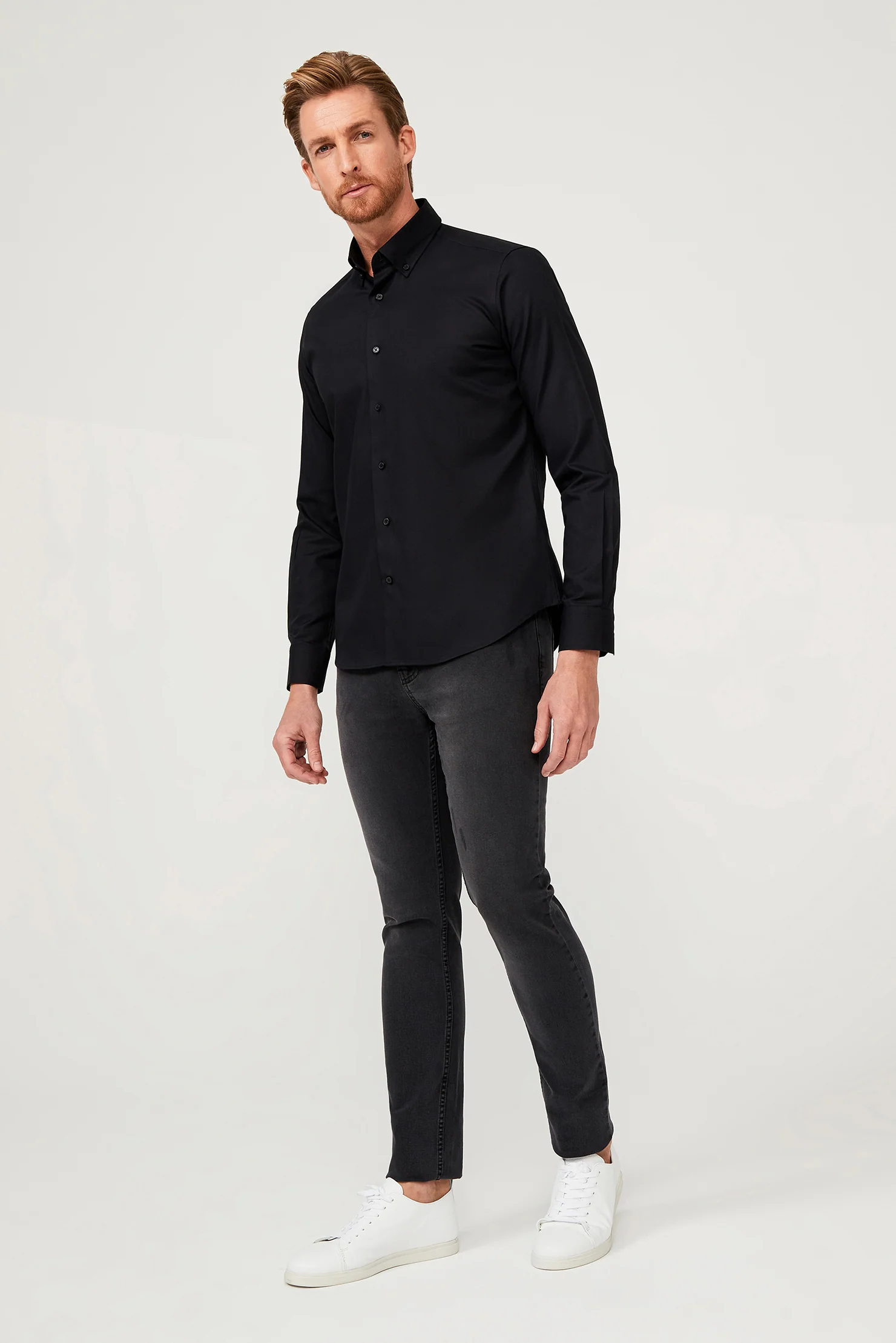 Siyah Uzun Kol Slim Fit Dar Kesim Pamuk Gömlek - Image 2