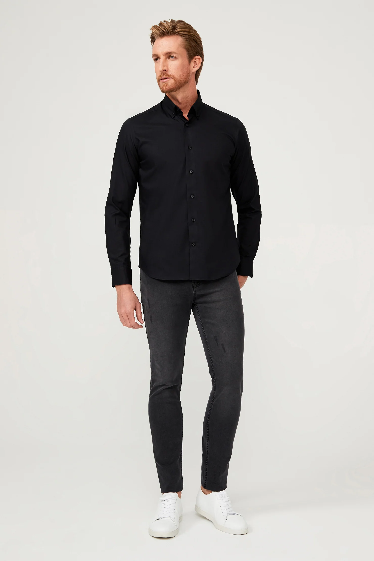 Siyah Uzun Kol Slim Fit Dar Kesim Pamuk Gömlek - Image 3