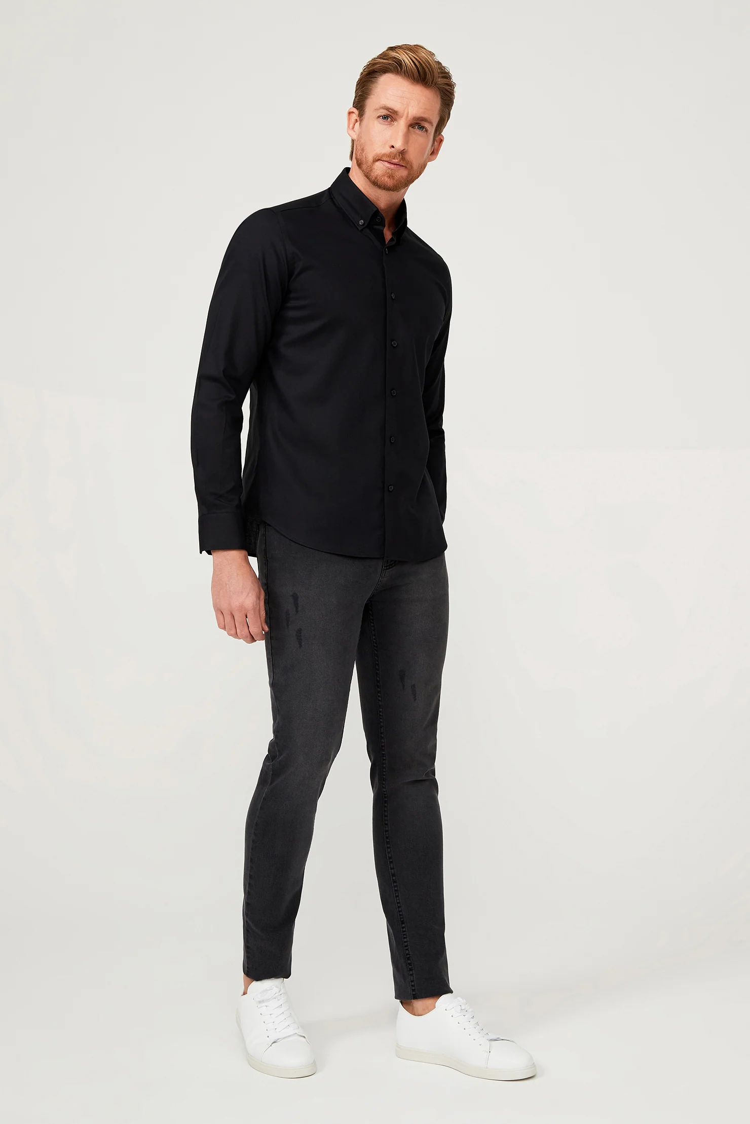 Siyah Uzun Kol Slim Fit Dar Kesim Pamuk Gömlek - Image 5