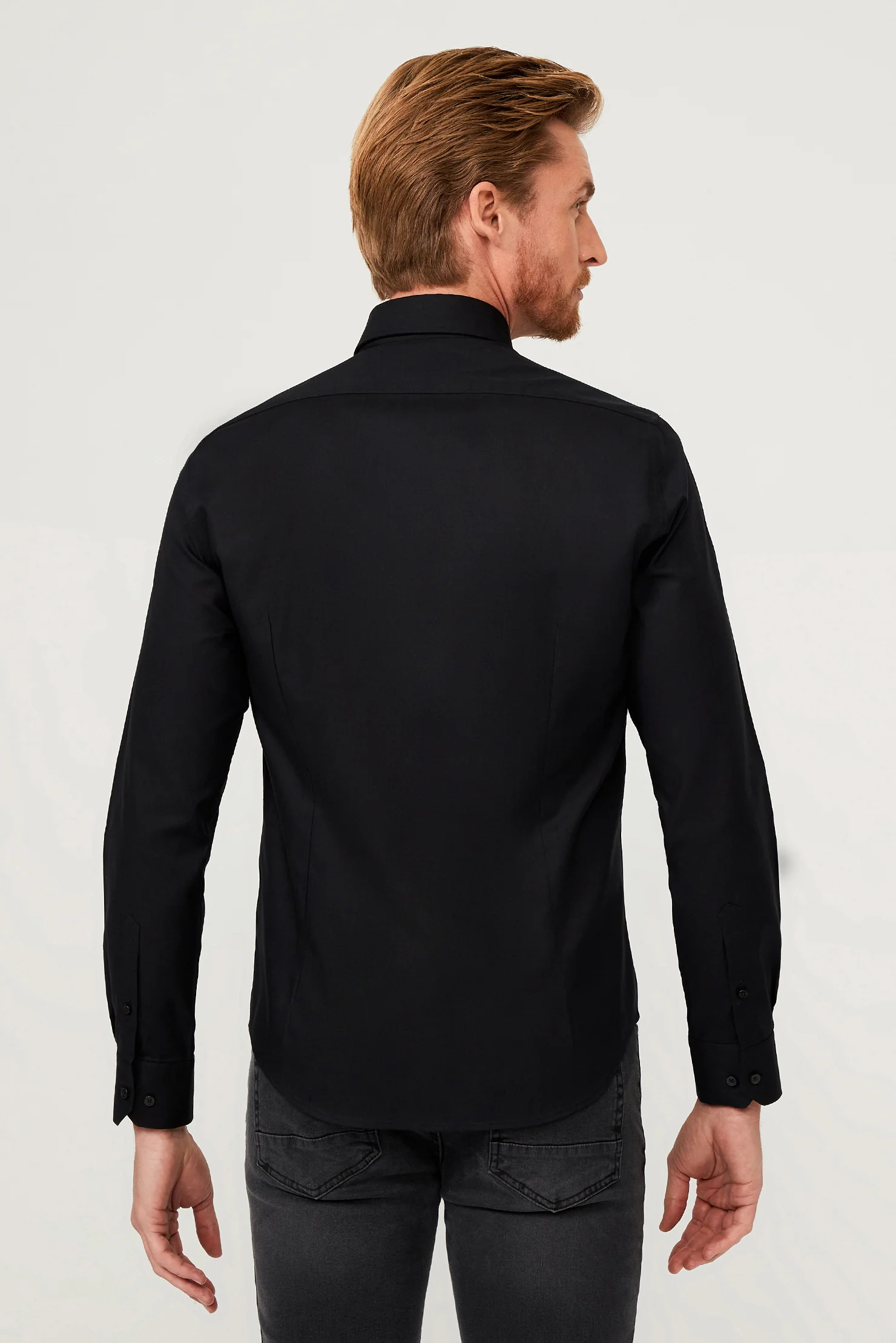 Siyah Uzun Kol Slim Fit Dar Kesim Pamuk Gömlek - Image 6
