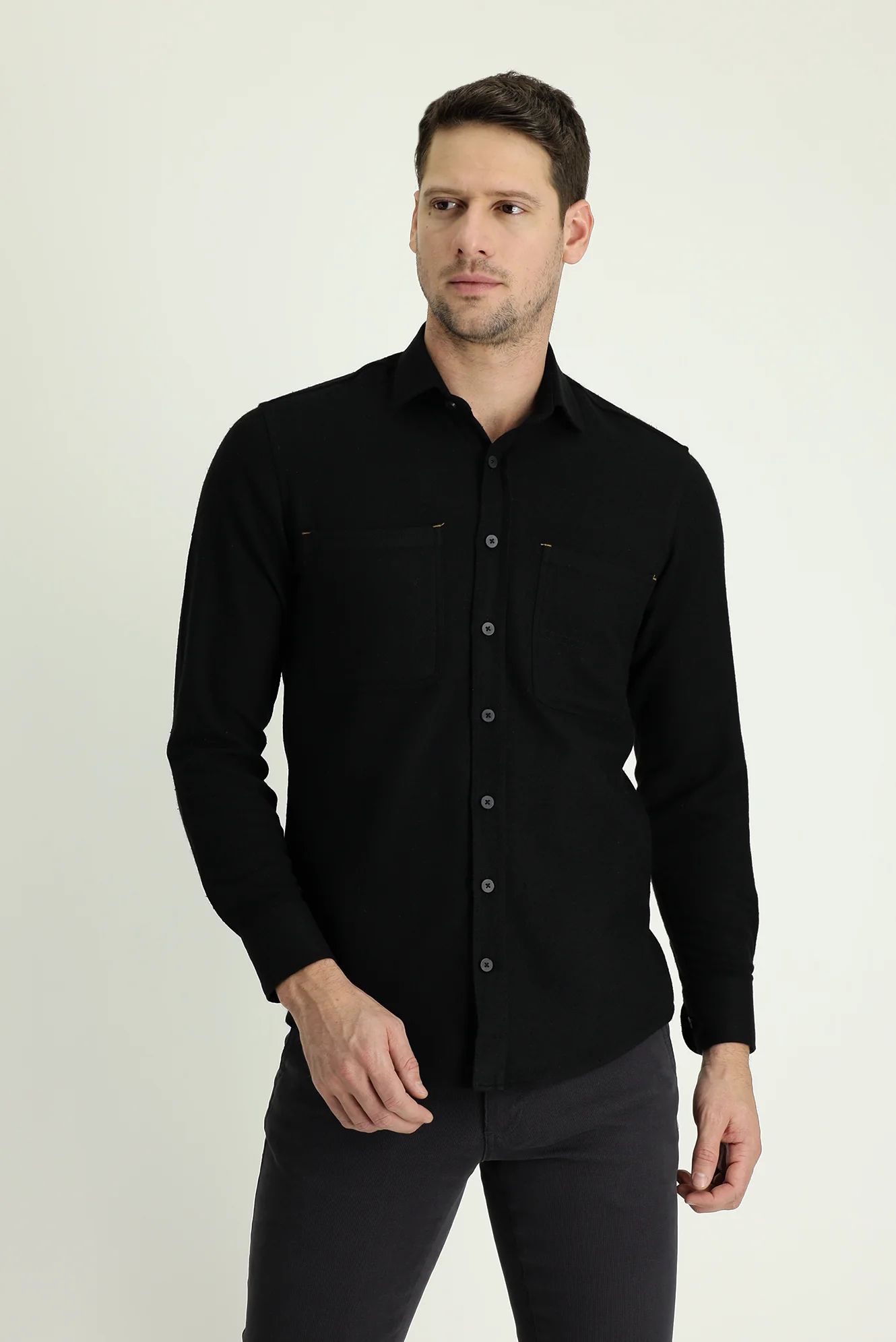Siyah Uzun Kol Slim Fit Dar Kesim Spor Pamuklu Gömlek