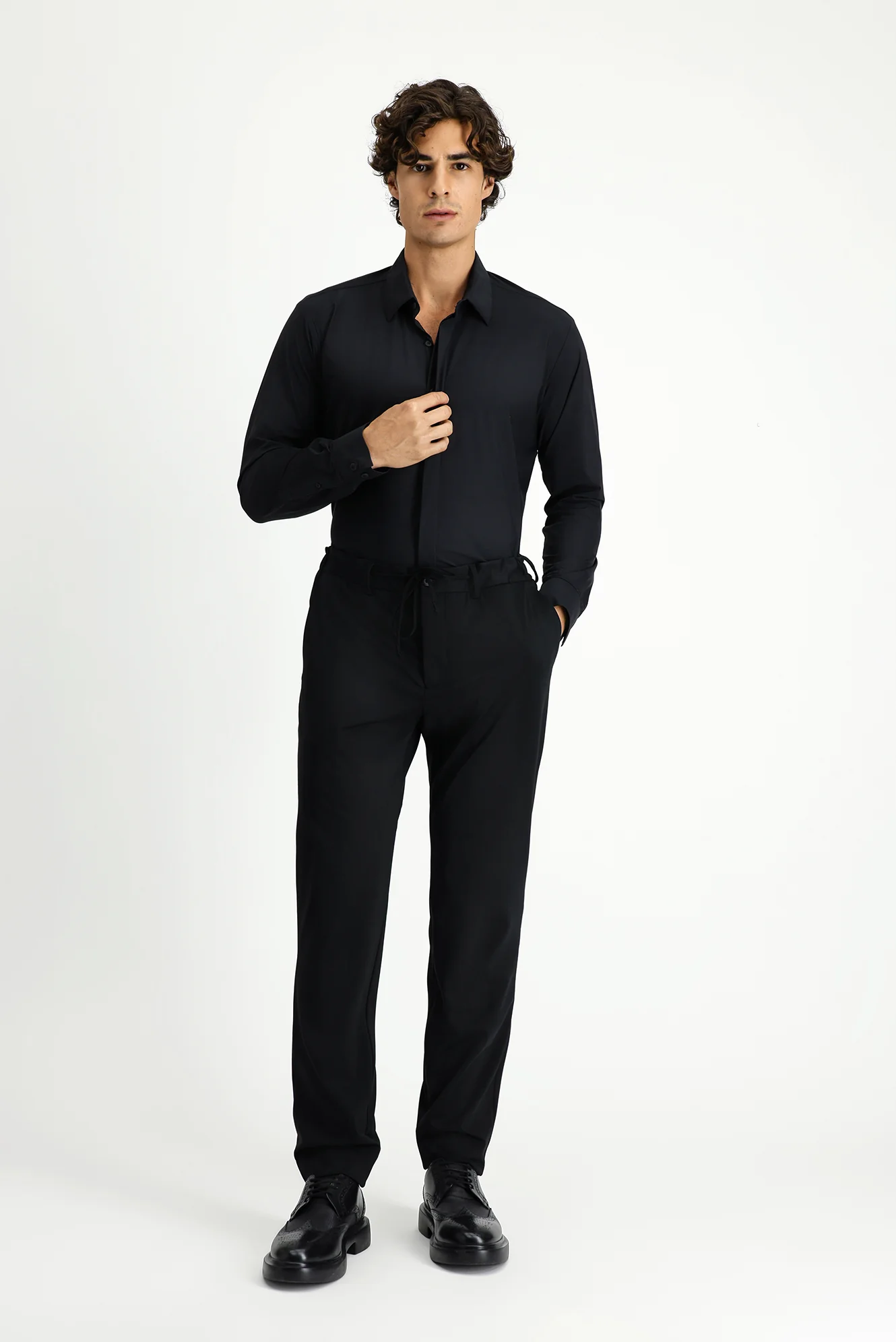 Siyah Techno-Line Uzun Kol Slim Fit Dar Kesim Klasik Likralı Gömlek - Image 2
