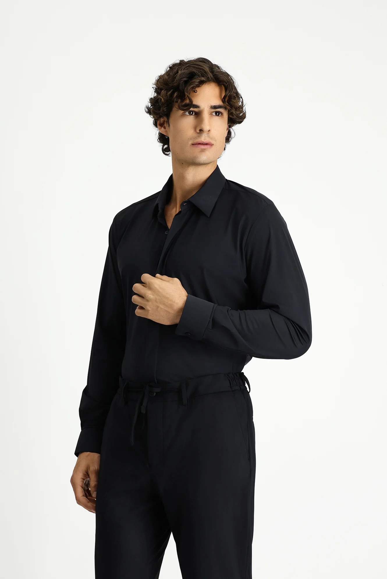 Siyah Techno-Line Uzun Kol Slim Fit Dar Kesim Klasik Likralı Gömlek - Image 4