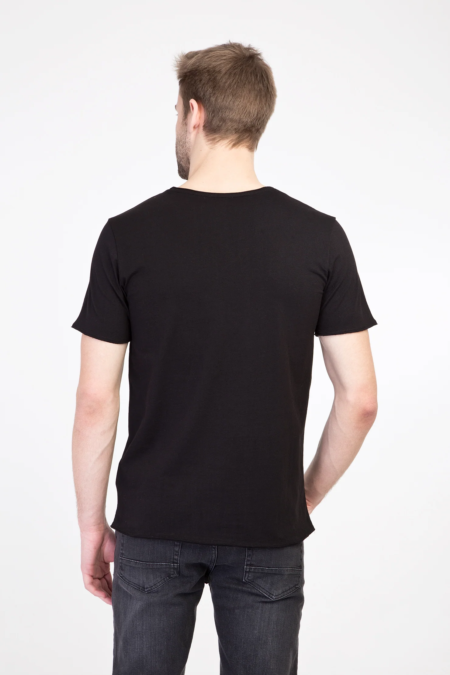 Siyah V Yaka Slim Fit Dar Kesim Pamuk Tişört - Image 3