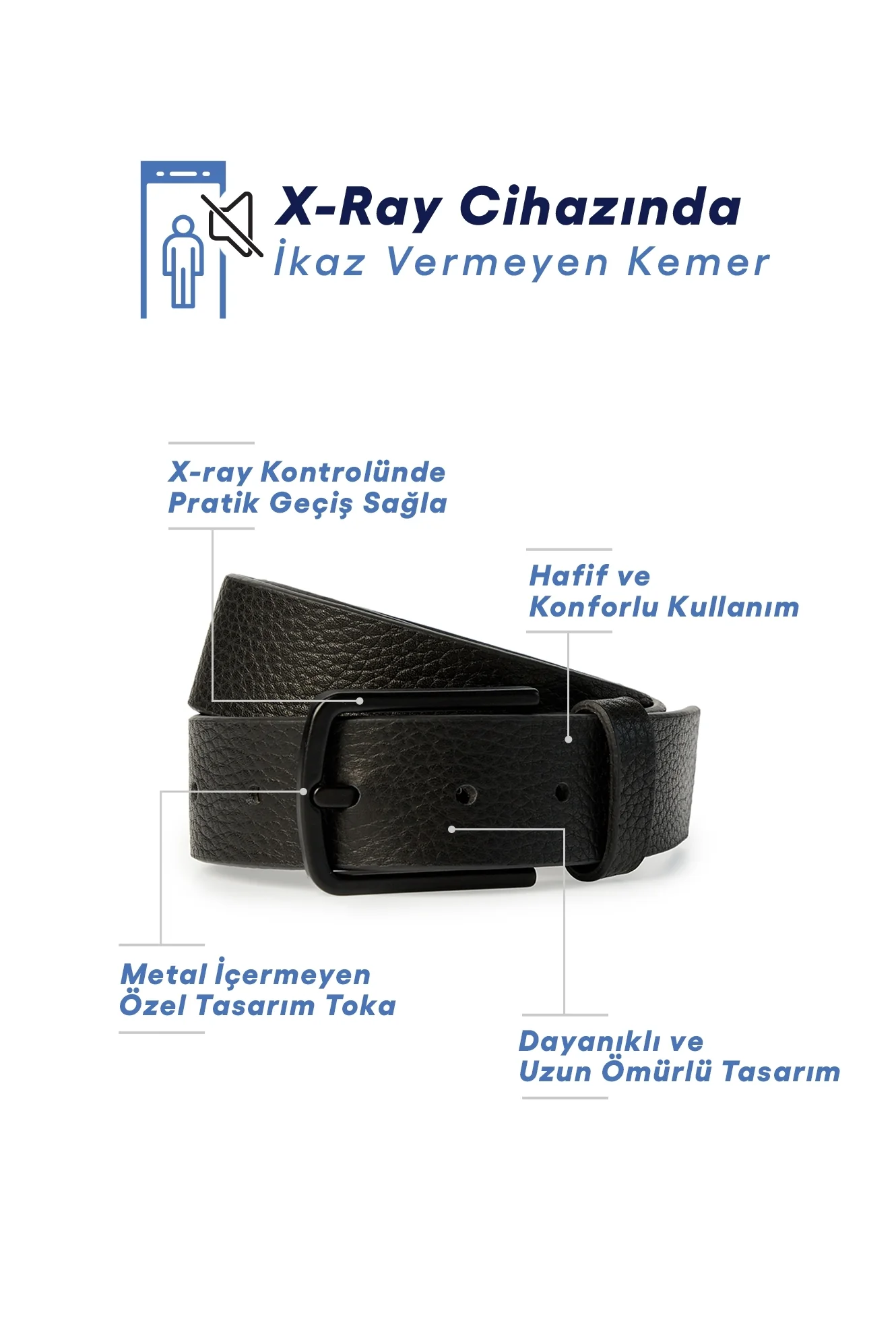 Siyah X-Ray Cihazında Ötmeyen Metal İçermeyen Özel Tokalı Havalimanı Kemeri