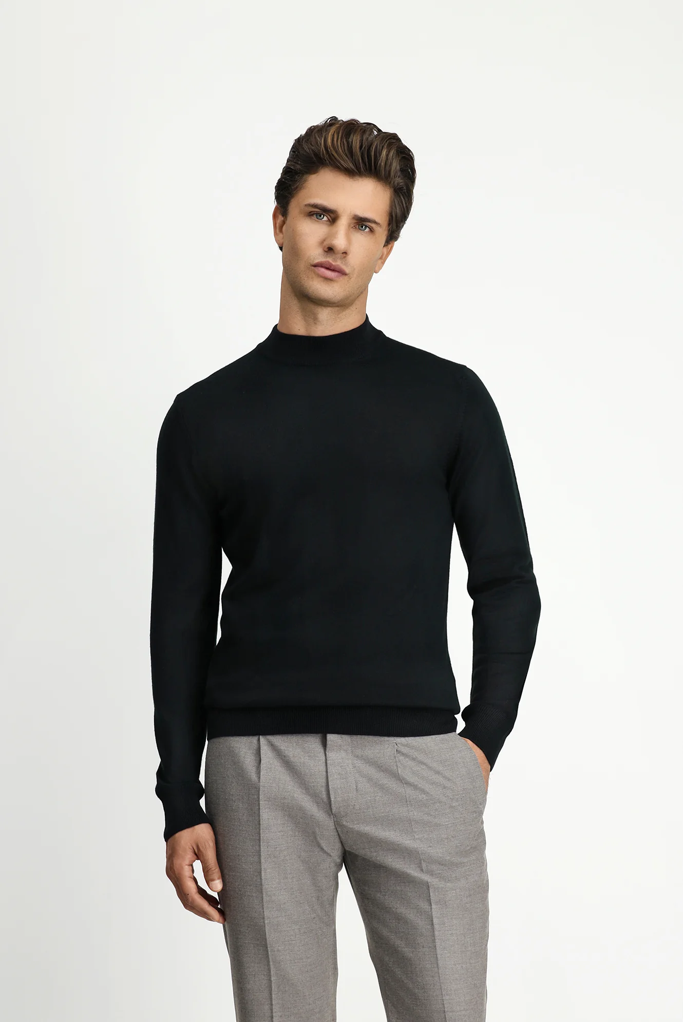 Siyah Yarım Balıkçı Yaka Regular Fit Yünlü Basic Örme Triko Kazak - Image 4