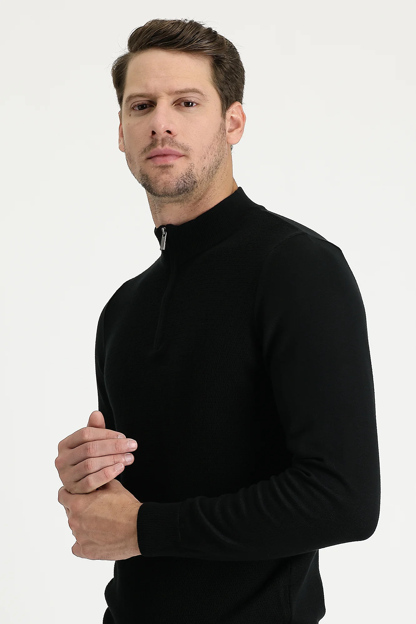 Siyah Yarım Balıkçı Yaka Slim Fit Dar Kesim Fermuarlı Desenli Pamuklu Triko Kazak - Image 2