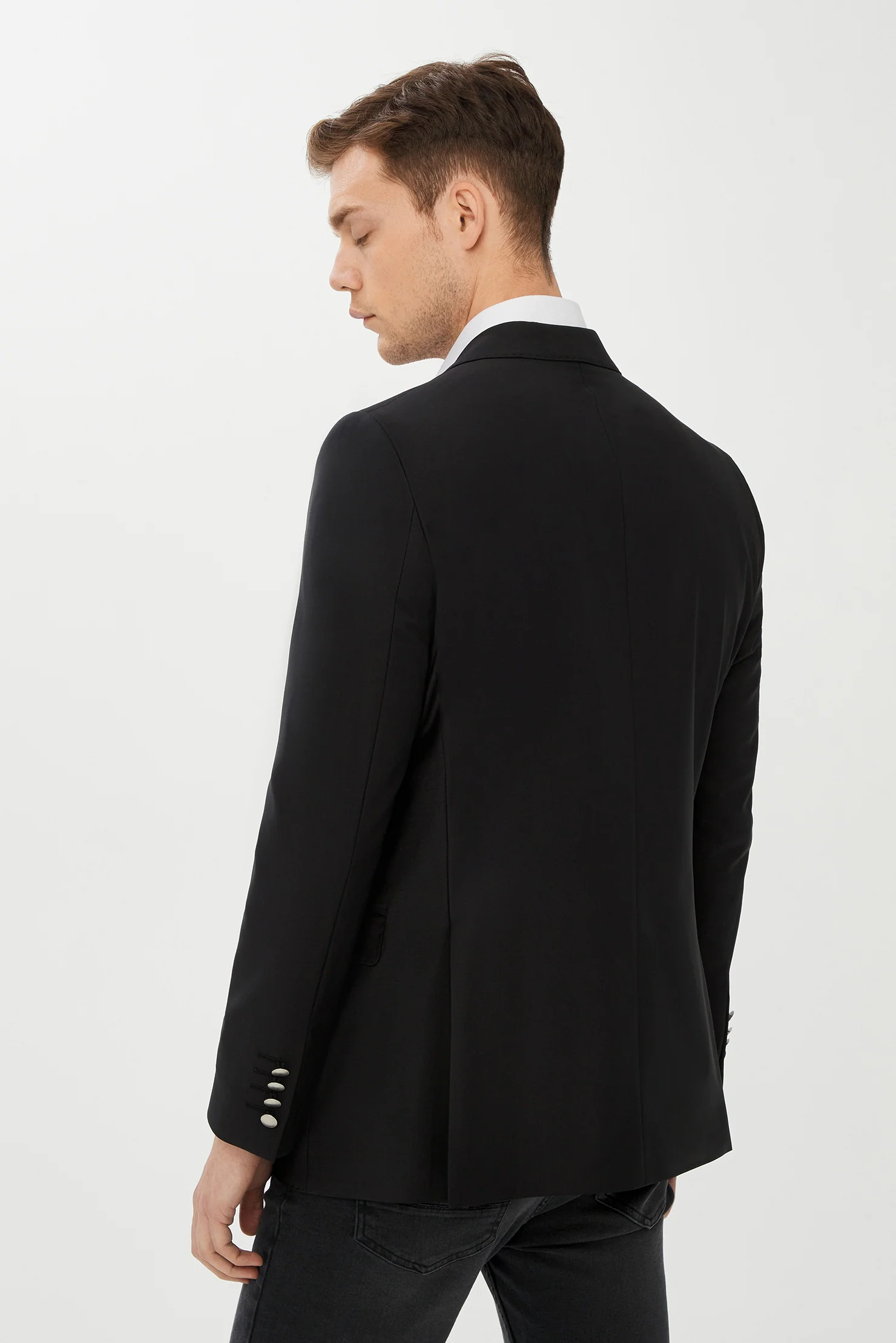 Siyah 8 Drop Long Slim Fit Uzun Dar Kesim Yünlü Blazer Ceket - Image 4