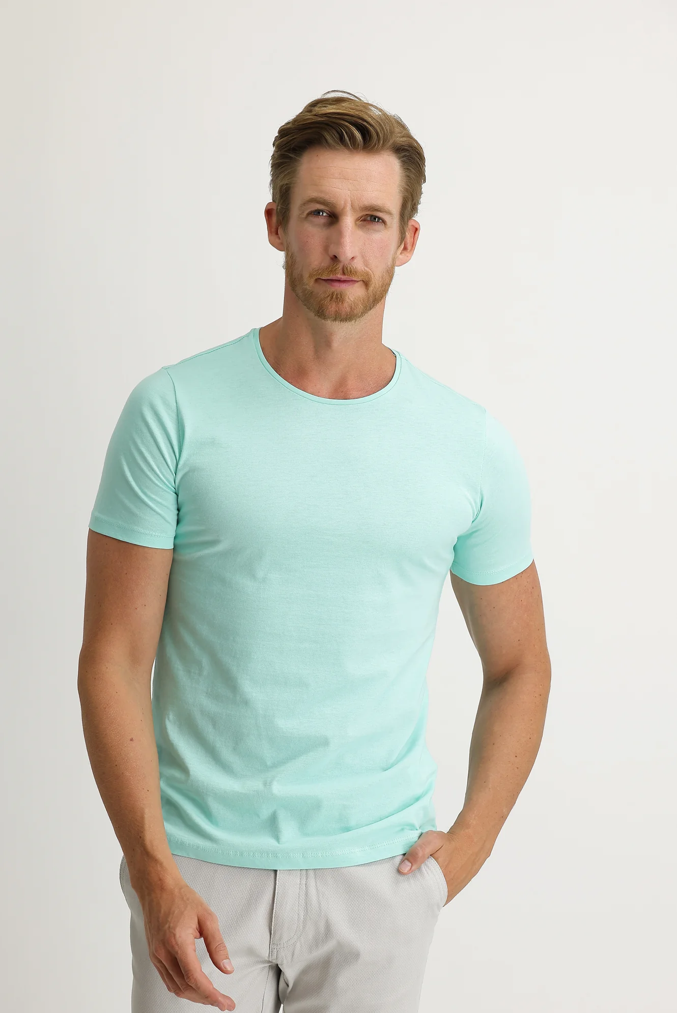 Su Mavisi Bisiklet Yaka Slim Fit Dar Kesim Pamuk Tişört - Image 2