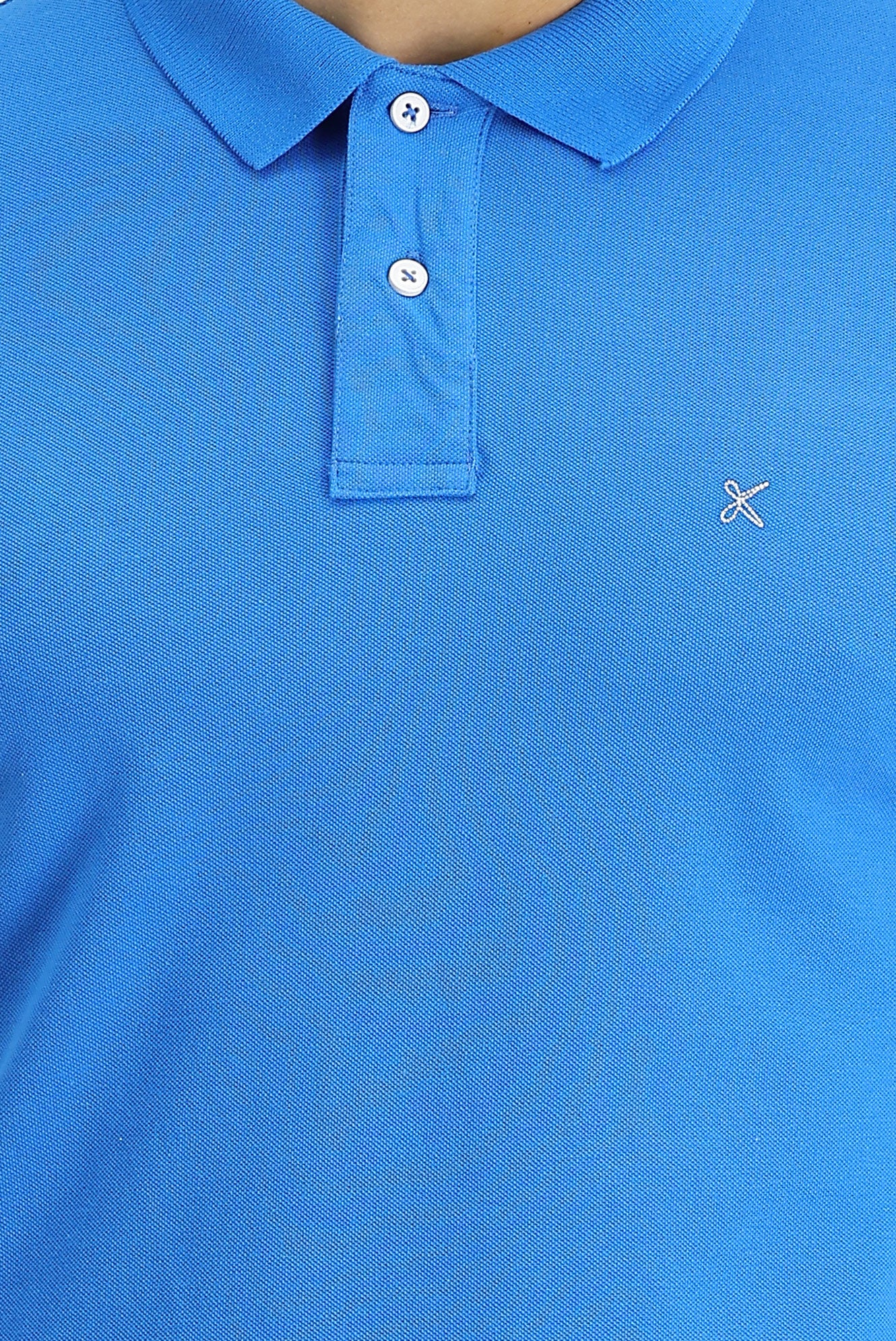 Su Mavisi Polo Yaka Slim Fit Dar Kesim Nakışlı Pamuk Tişört - Image 3