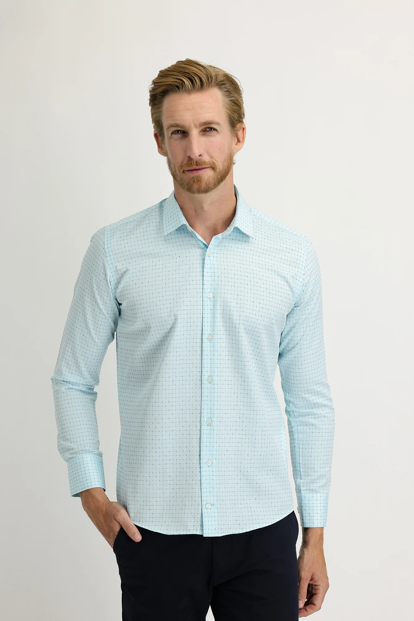 Su Mavisi Uzun Kol Slim Fit Dar Kesim Desenli Gömlek