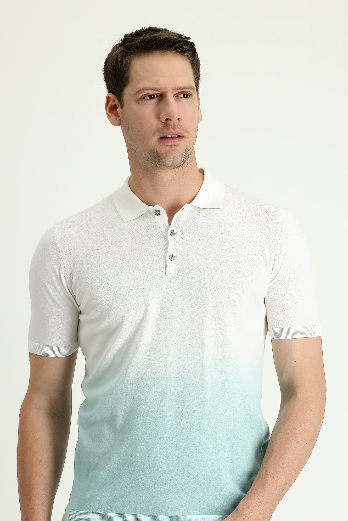 Su Yeşili Polo Yaka Regular Fit Desenli Pamuklu Tişört - Image 2