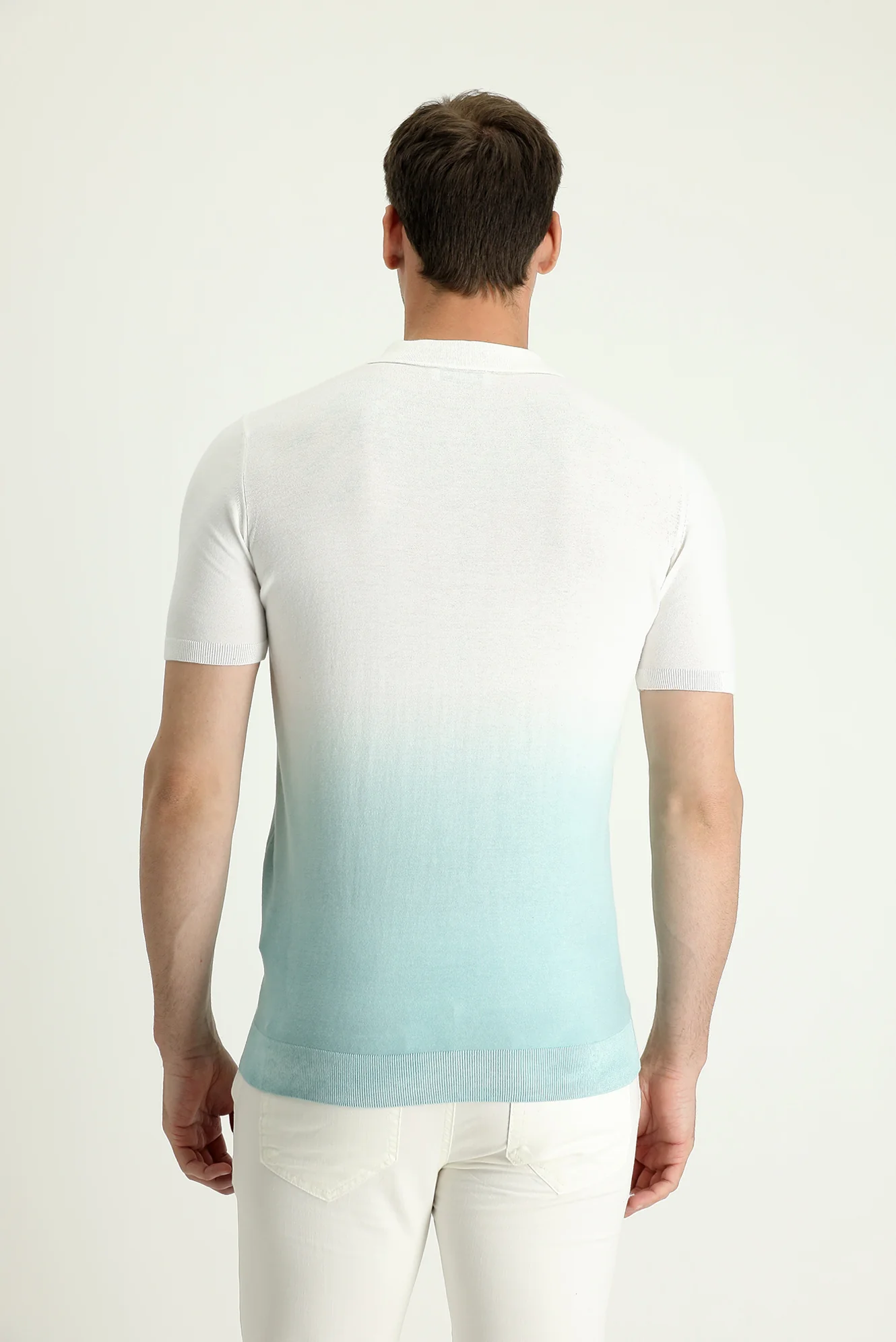 Su Yeşili Polo Yaka Regular Fit Desenli Pamuklu Tişört - Image 3