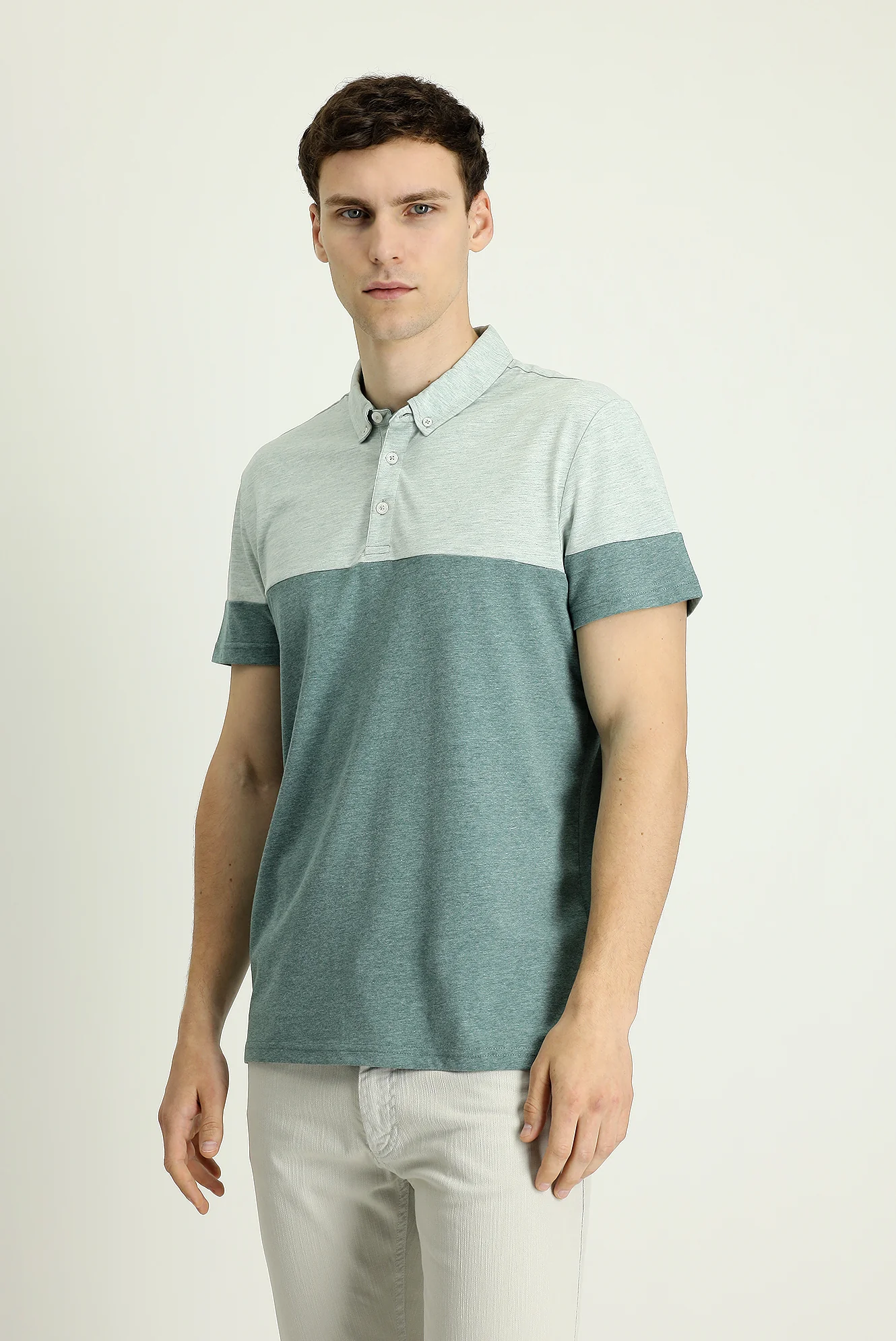 Su Yeşili Polo Yaka Regular Fit Desenli Tişört - Image 2