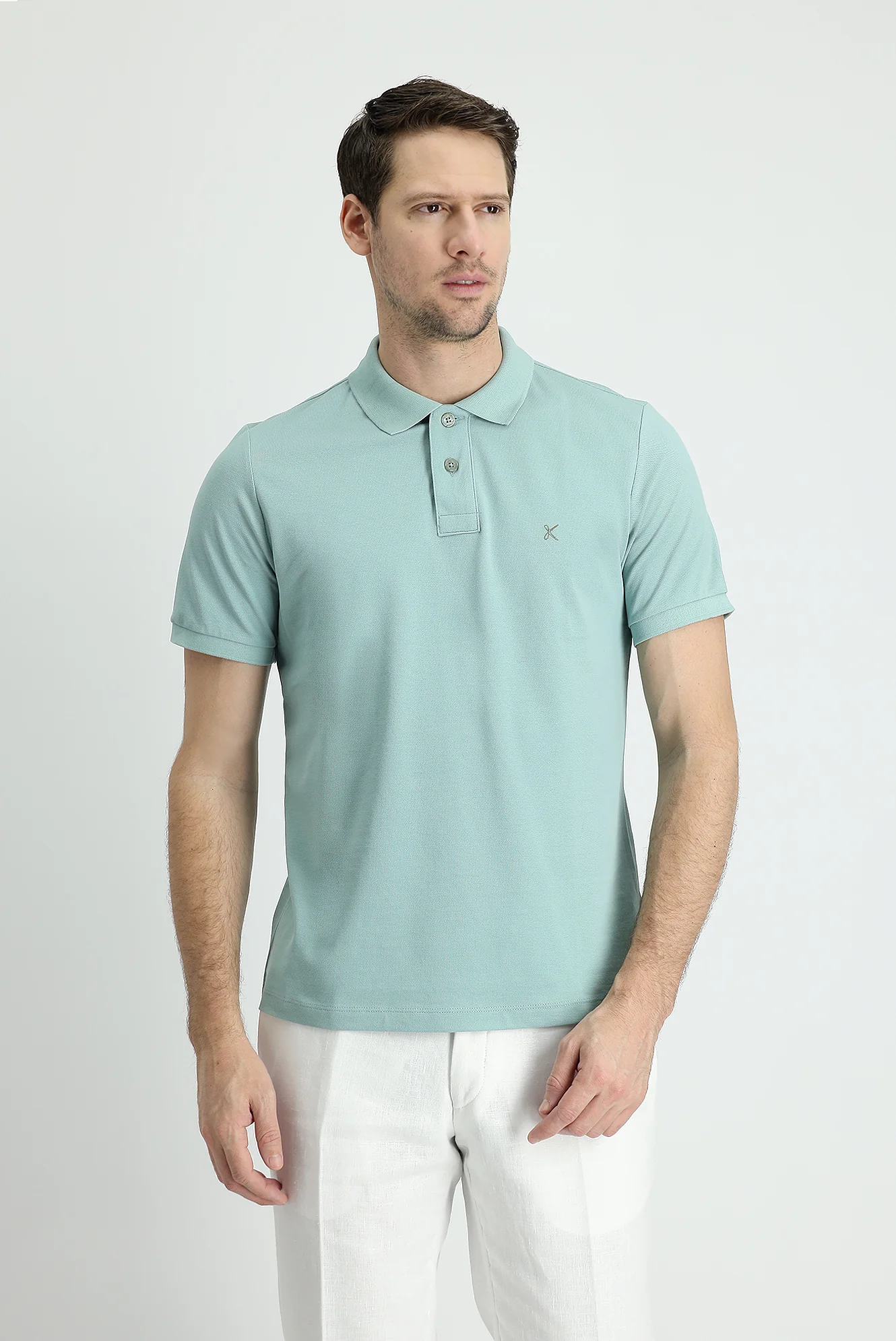 Su Yeşili Polo Yaka Slim Fit Dar Kesim Nakışlı Pamuk Tişört