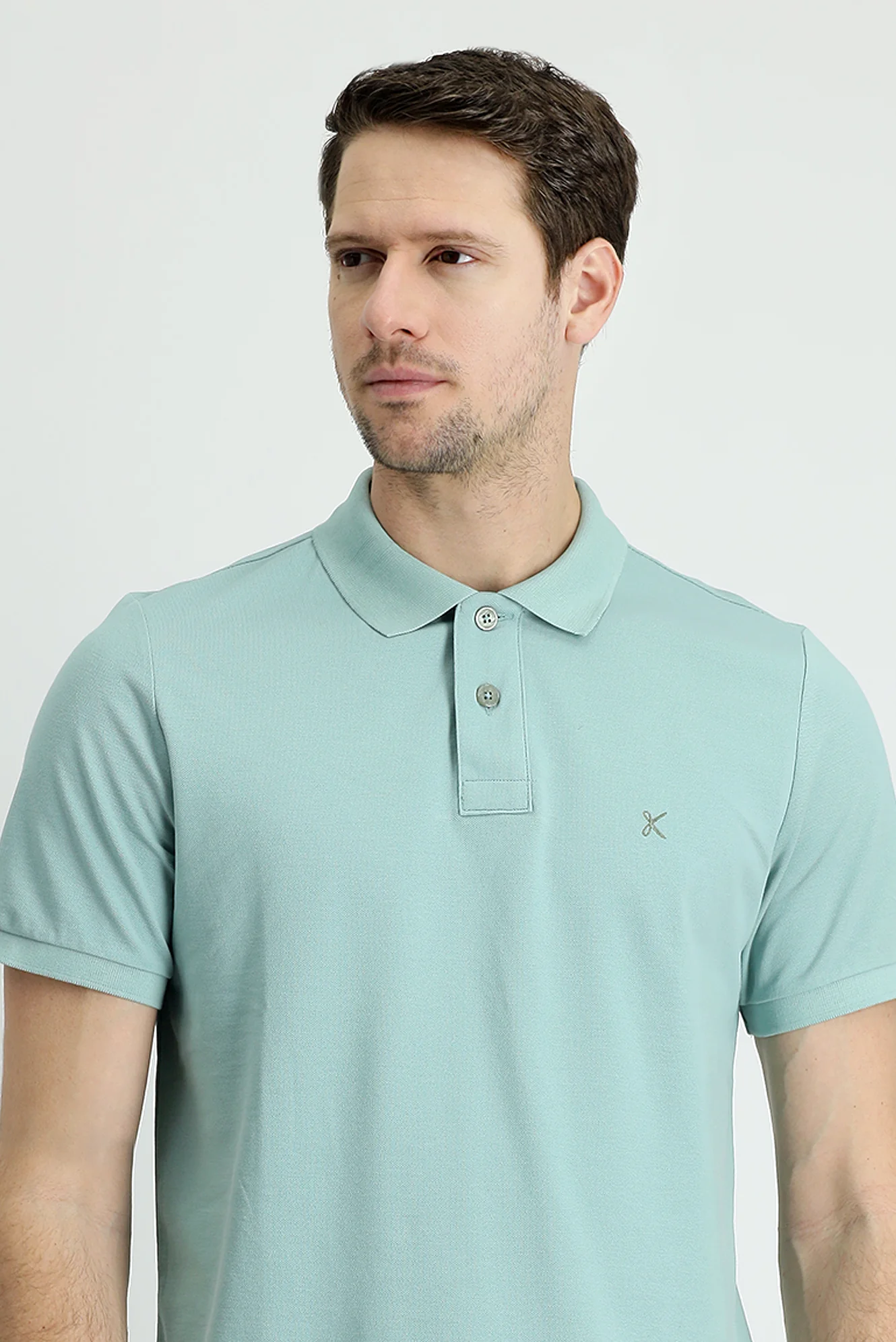 Su Yeşili Polo Yaka Slim Fit Dar Kesim Nakışlı Pamuk Tişört - Image 2