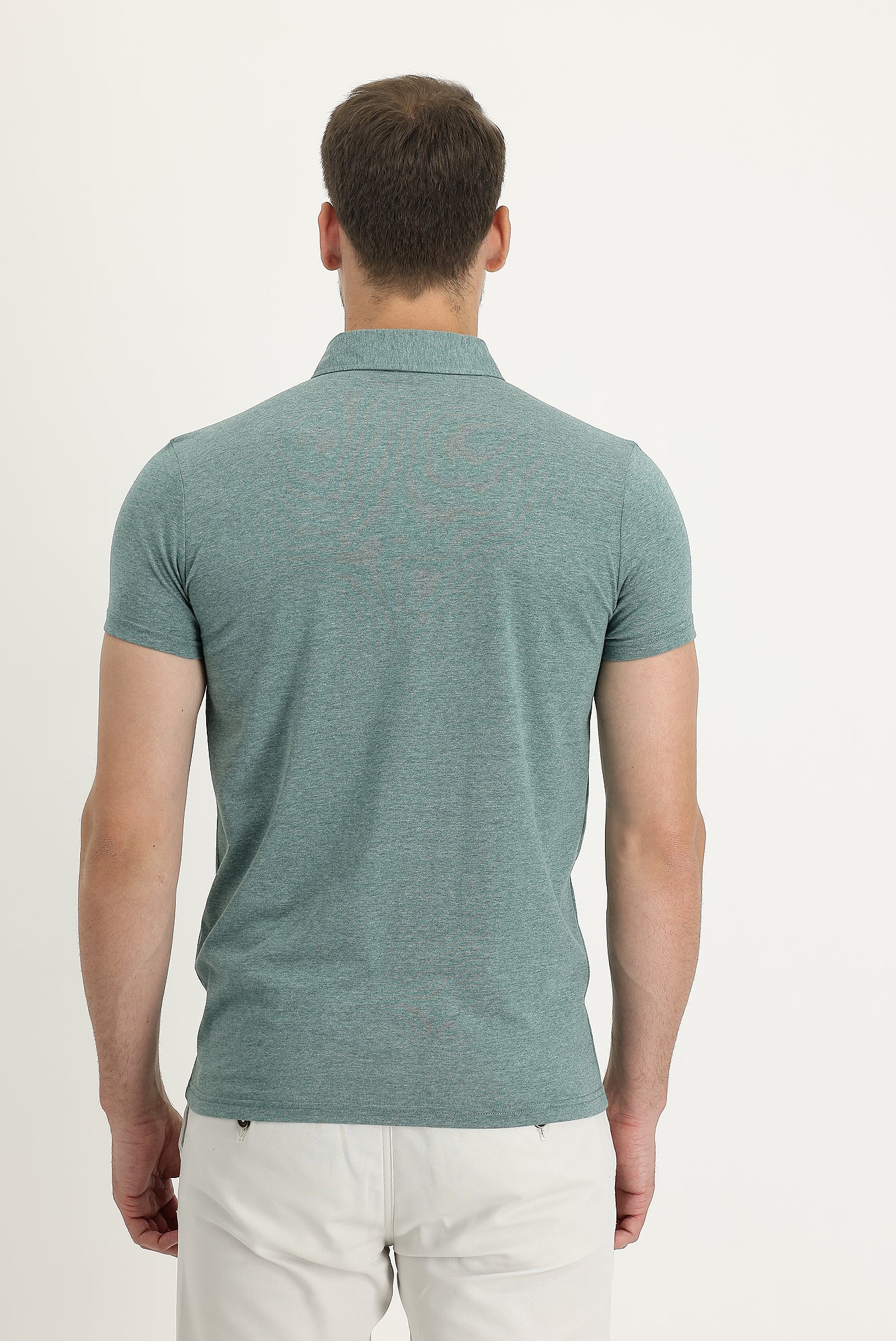 Su Yeşili Polo Yaka Slim Fit Dar Kesim Pamuklu Tişört - Image 4