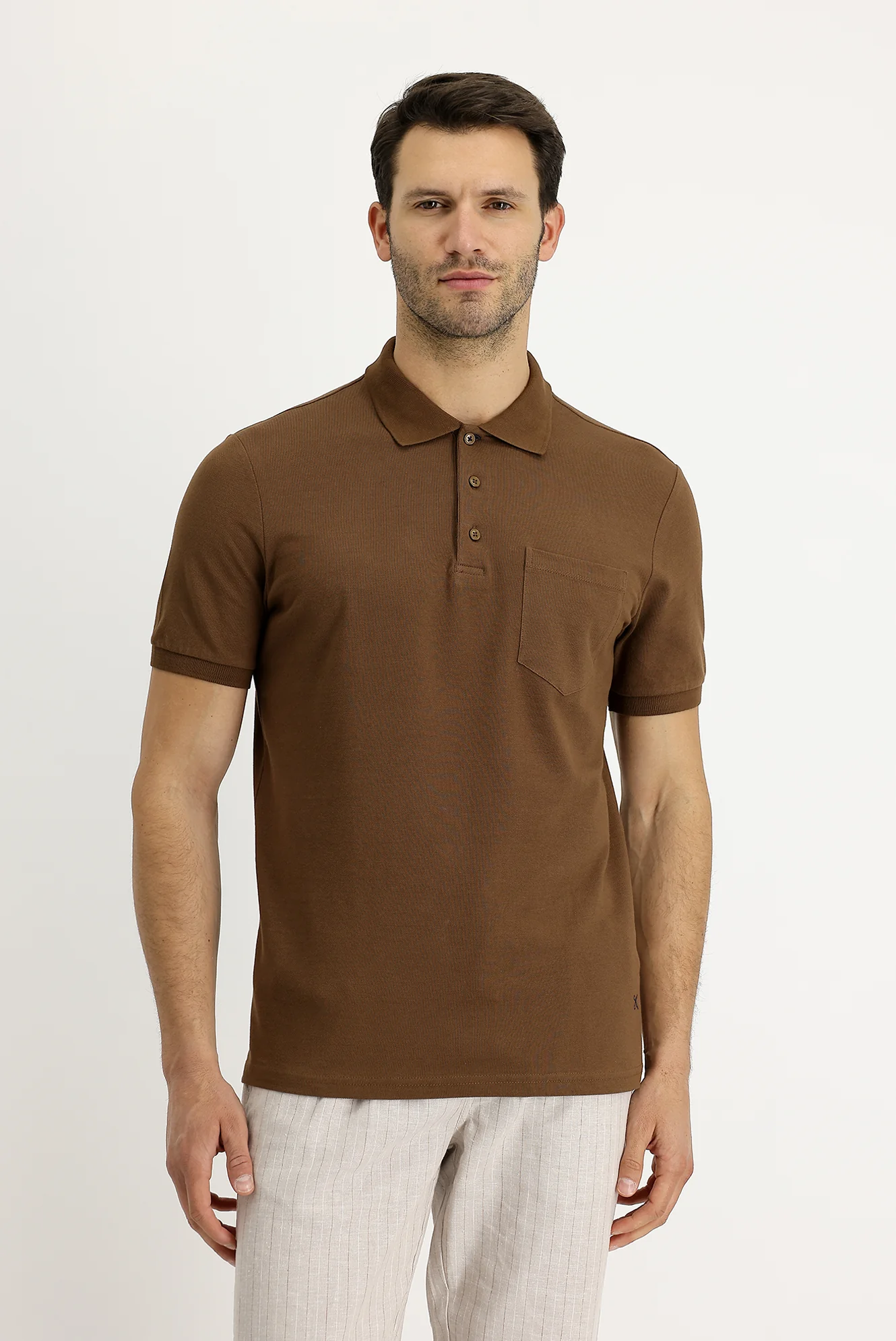 Taba Polo Yaka Regular Fit Nakışlı Pamuk Tişört