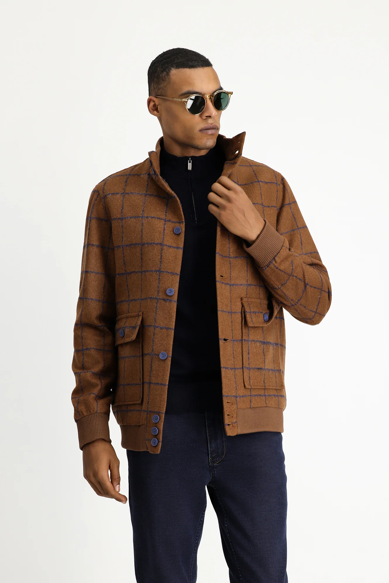 Taba Slim Fit Dar Kesim Kareli Yünlü Bomber Ceket Mont - Image 4