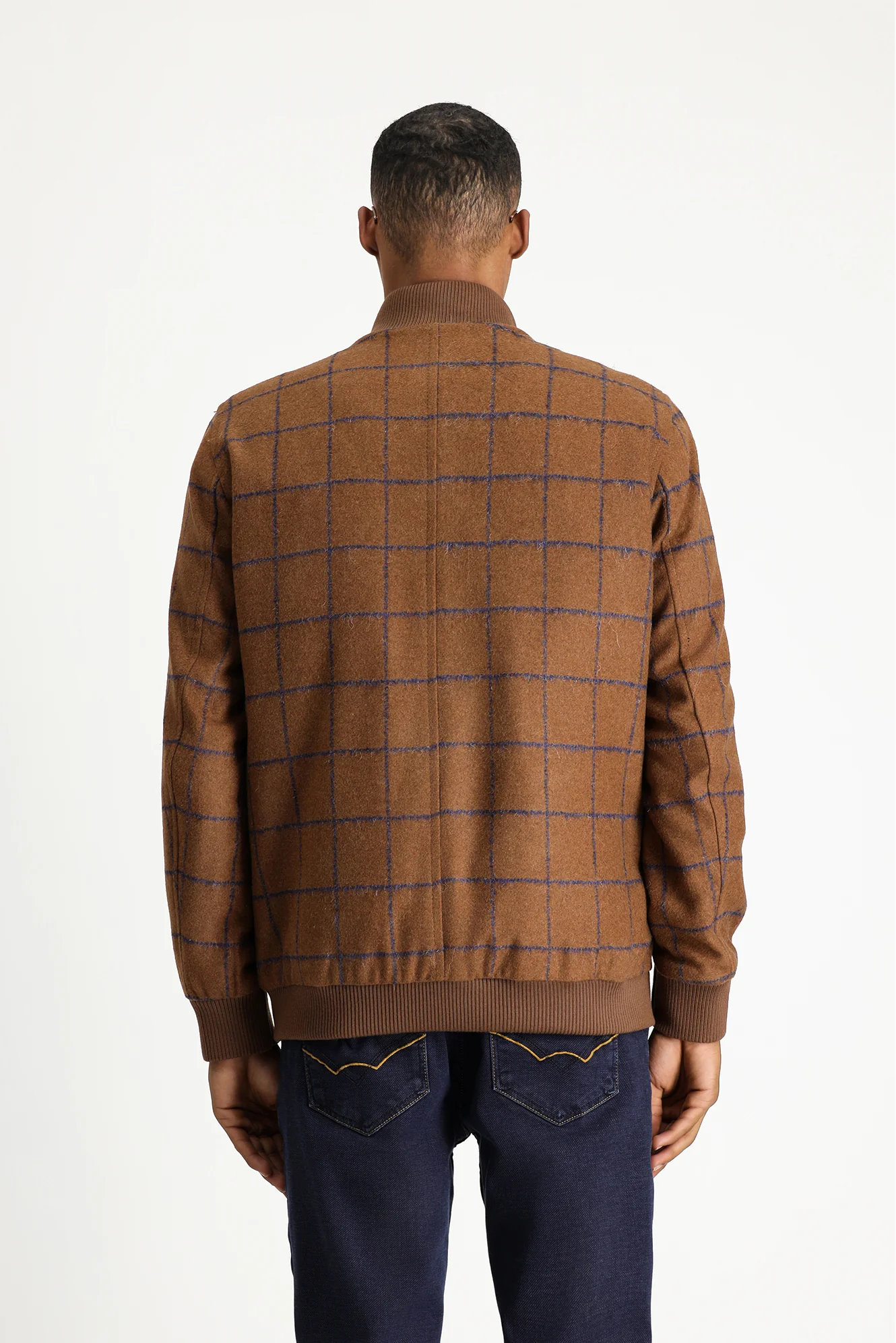 Taba Slim Fit Dar Kesim Kareli Yünlü Bomber Ceket Mont - Image 5