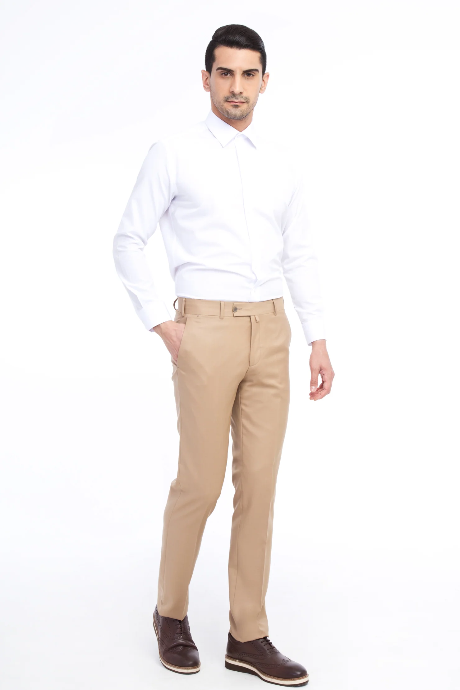 Taba 7 Drop Slim Fit Dar Kesim Yünlü Klasik Kumaş Pantolon