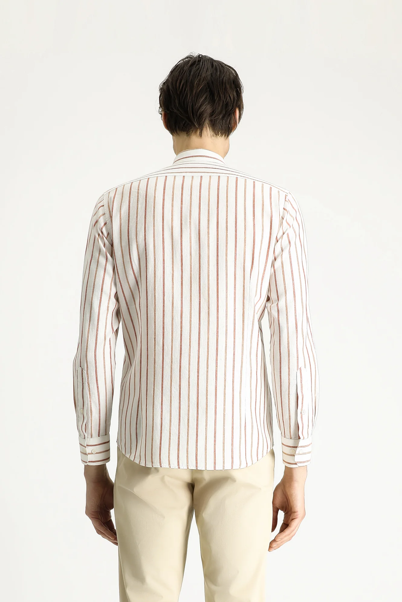 Taba Uzun Kol Slim Fit Dar Kesim Çizgili Keten Karışımlı Gömlek - Image 5