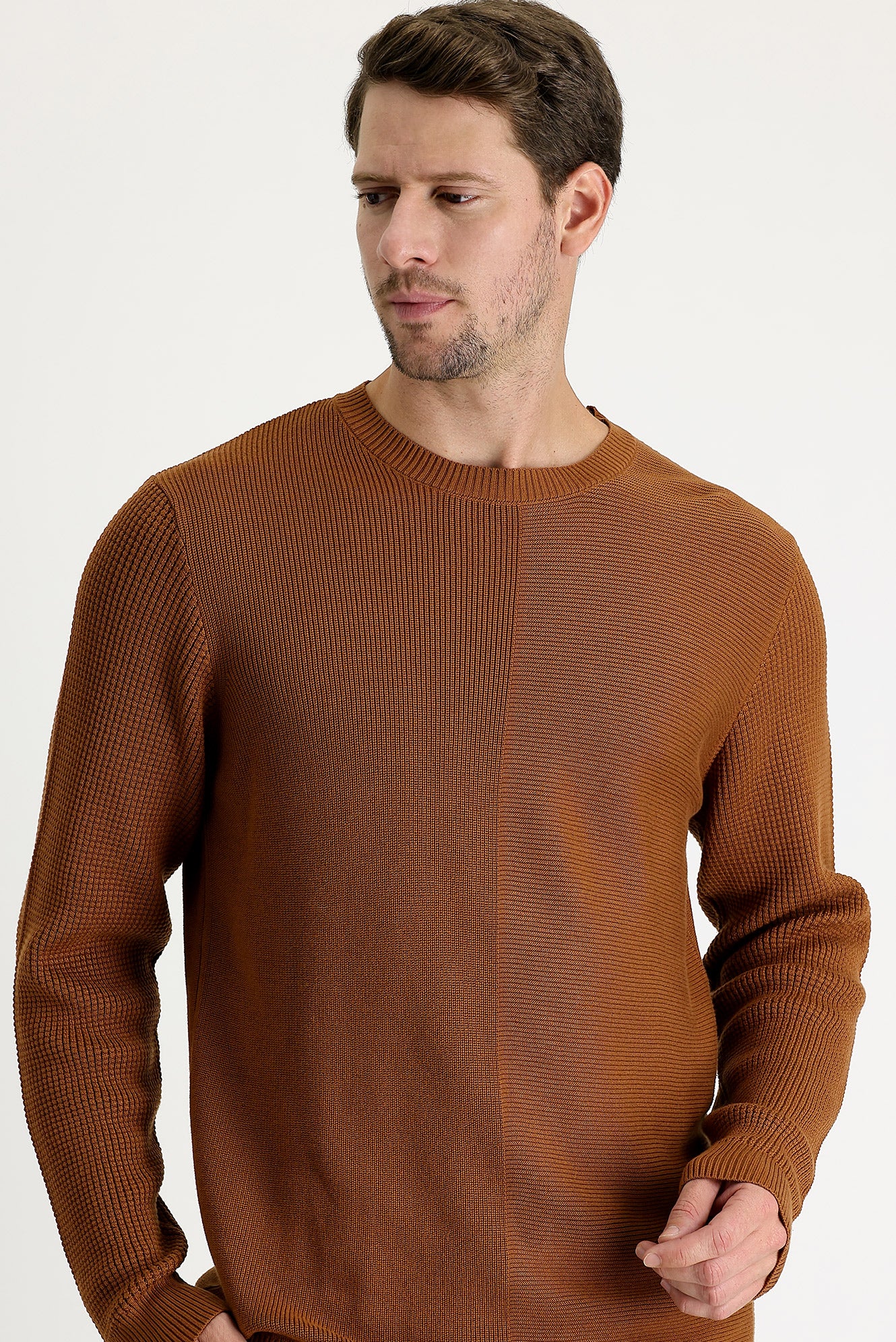 Tarçın Bisiklet Yaka Slim Fit Dar Kesim Desenli Pamuklu Triko Kazak - Image 2