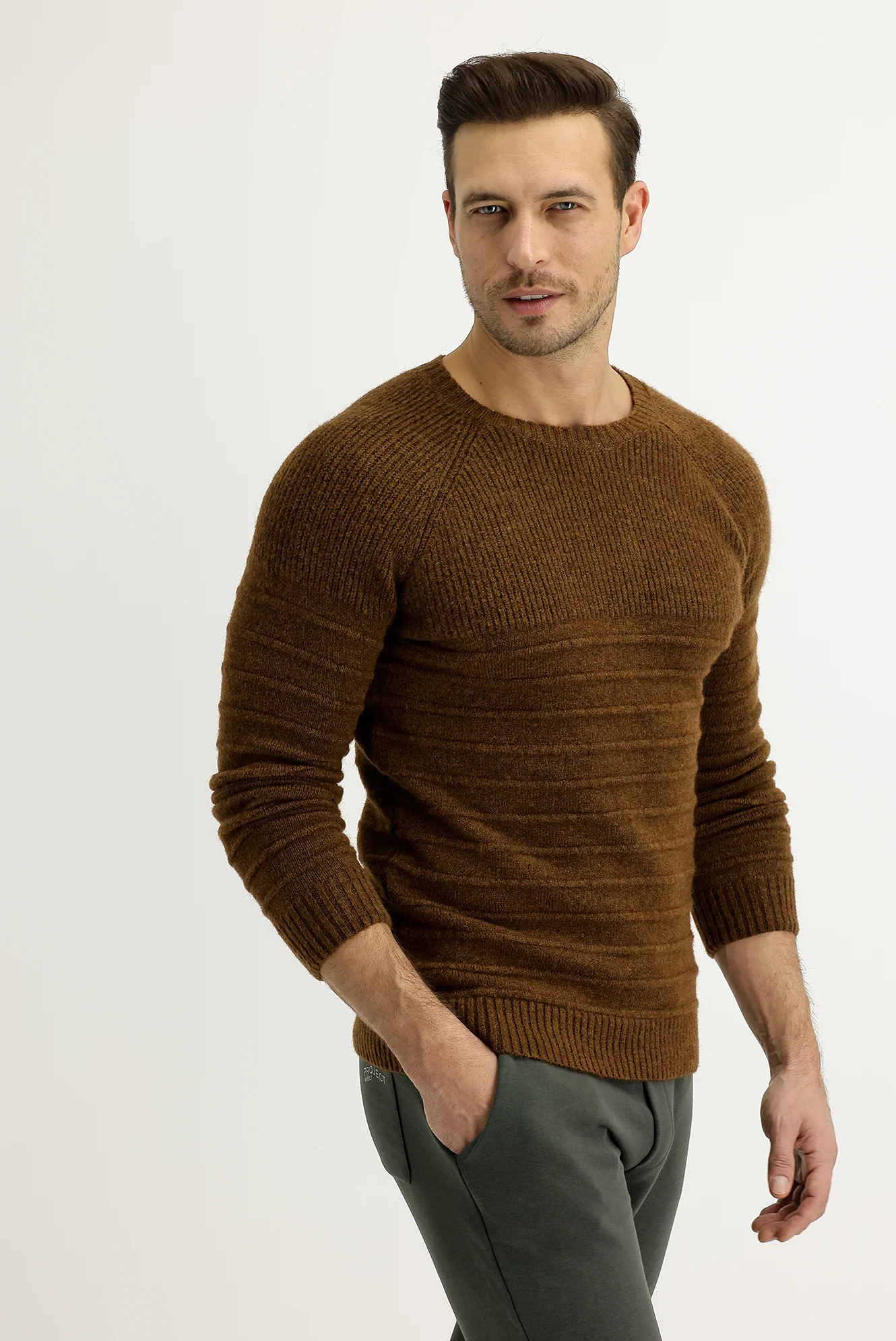 Tarçın  Bisiklet Yaka Slim Fit Dar Kesim Yünlü Desenli Triko Kazak