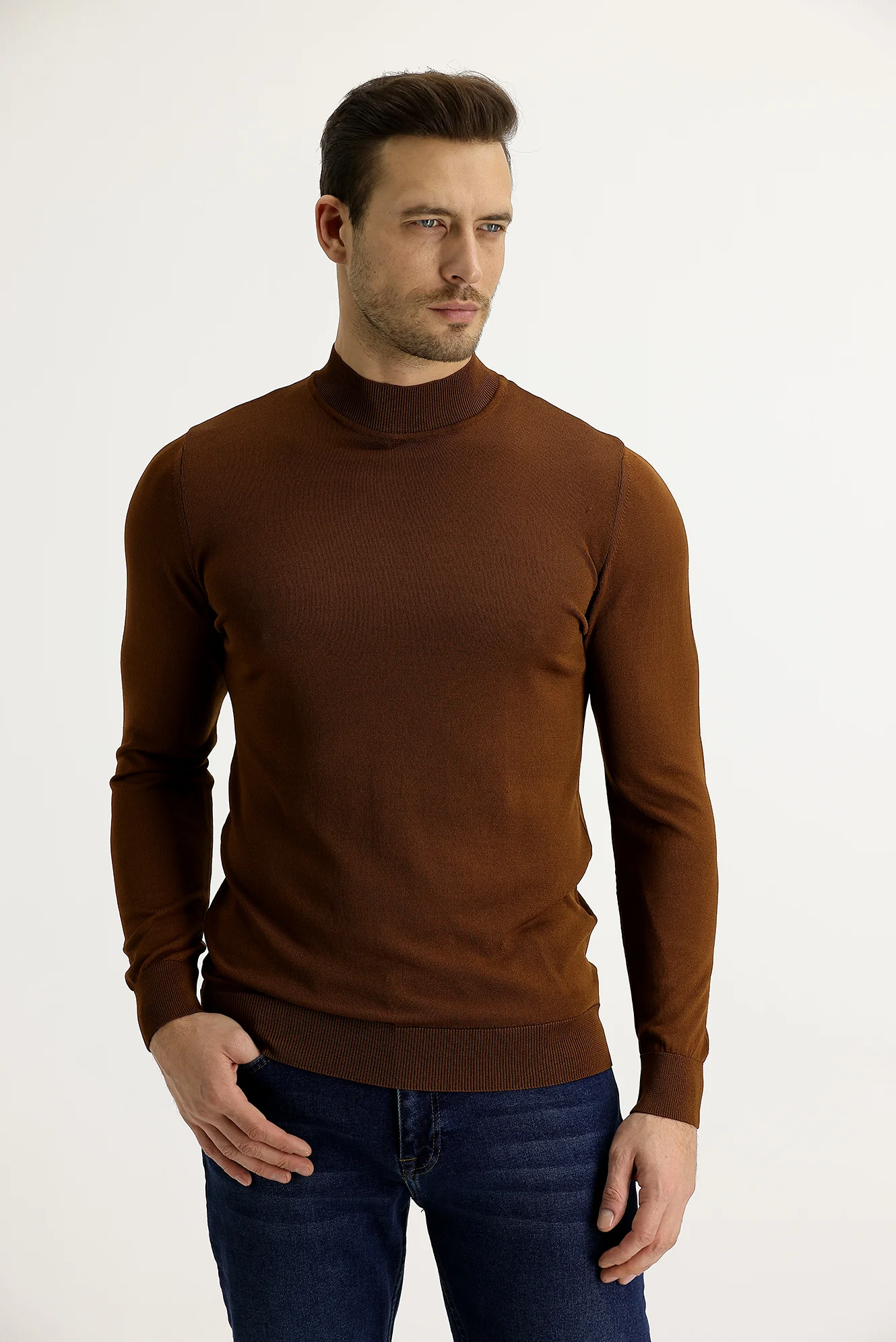 Tarçın Yarım Balıkçı Yaka Slim Fit Dar Kesim Triko Kazak - Image 2