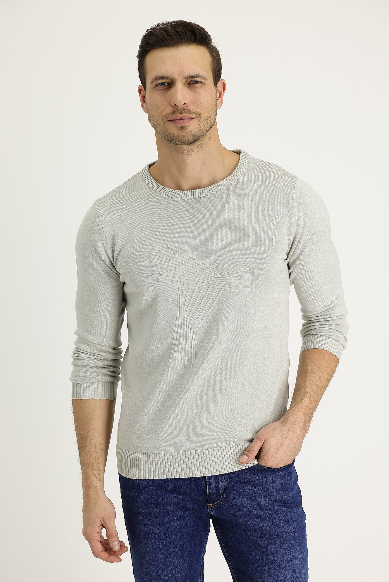 Taş Bisiklet Yaka Slim Fit Dar Kesim Desenli Triko Kazak