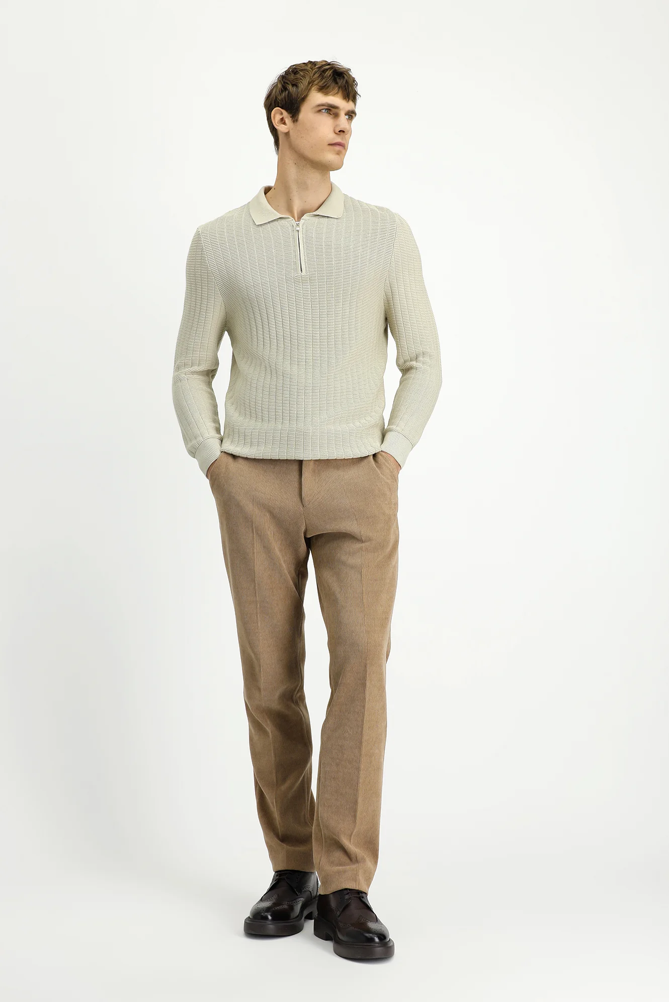 Taş Polo Yaka Regular Fit Desenli Fermuarlı Pamuklu Triko Kazak - Image 2