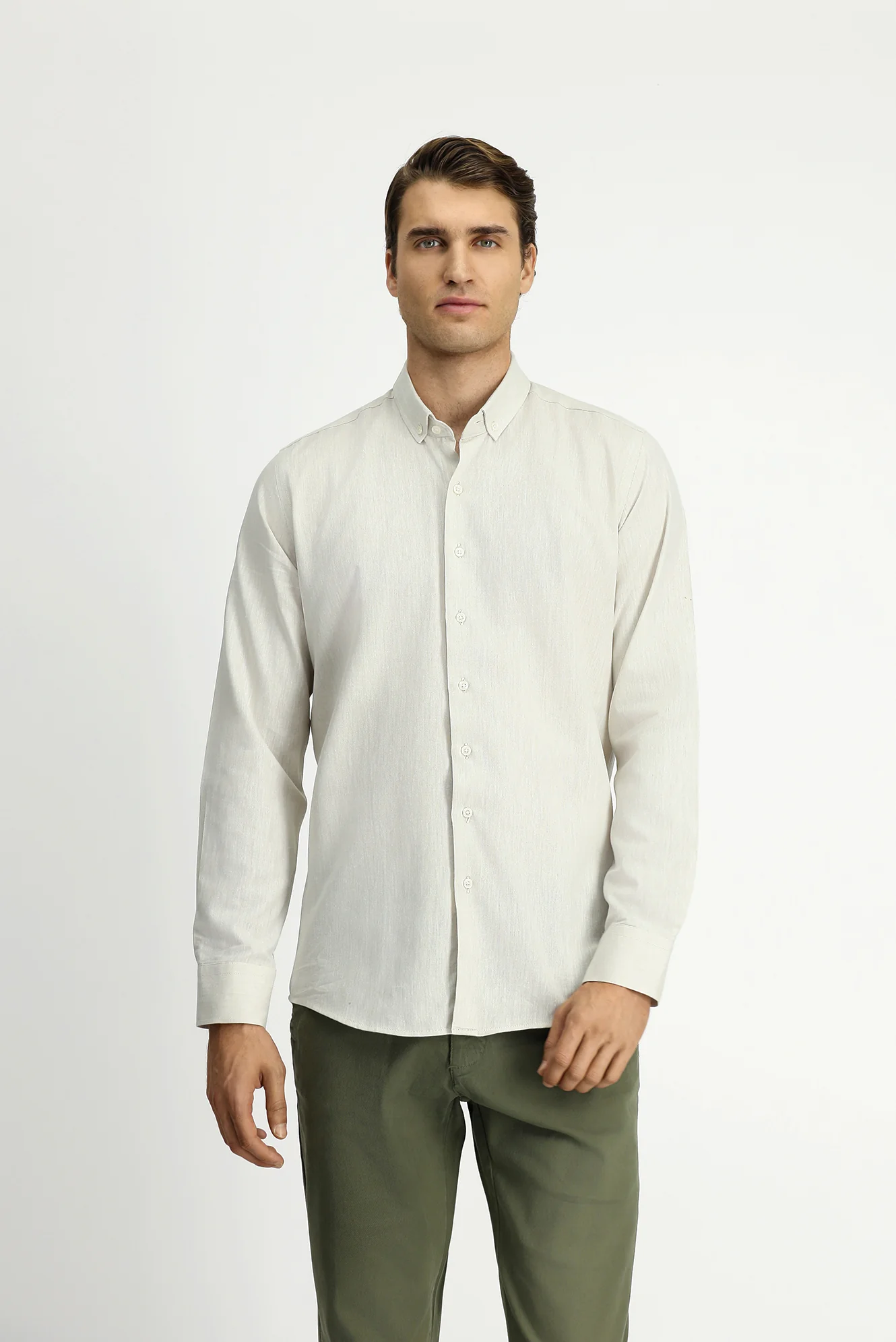 Taş Uzun Kol Slim Fit Dar Kesim Pamuklu Keten Düğmeli Yaka Gömlek - Image 4