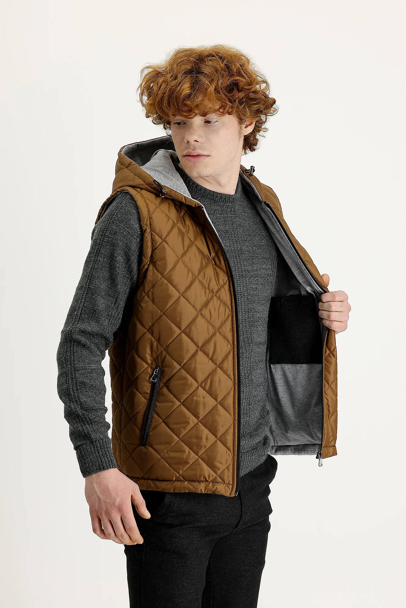 Titanyum Gri Slim Fit Dar Kesim Yelekli Kaban - Image 5