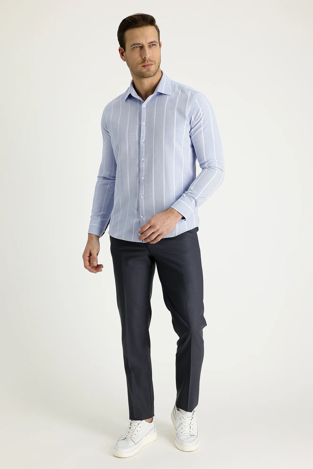 Titanyum Gri 7 Drop Slim Fit Dar Kesim Yünlü Klasik Kumaş Pantolon