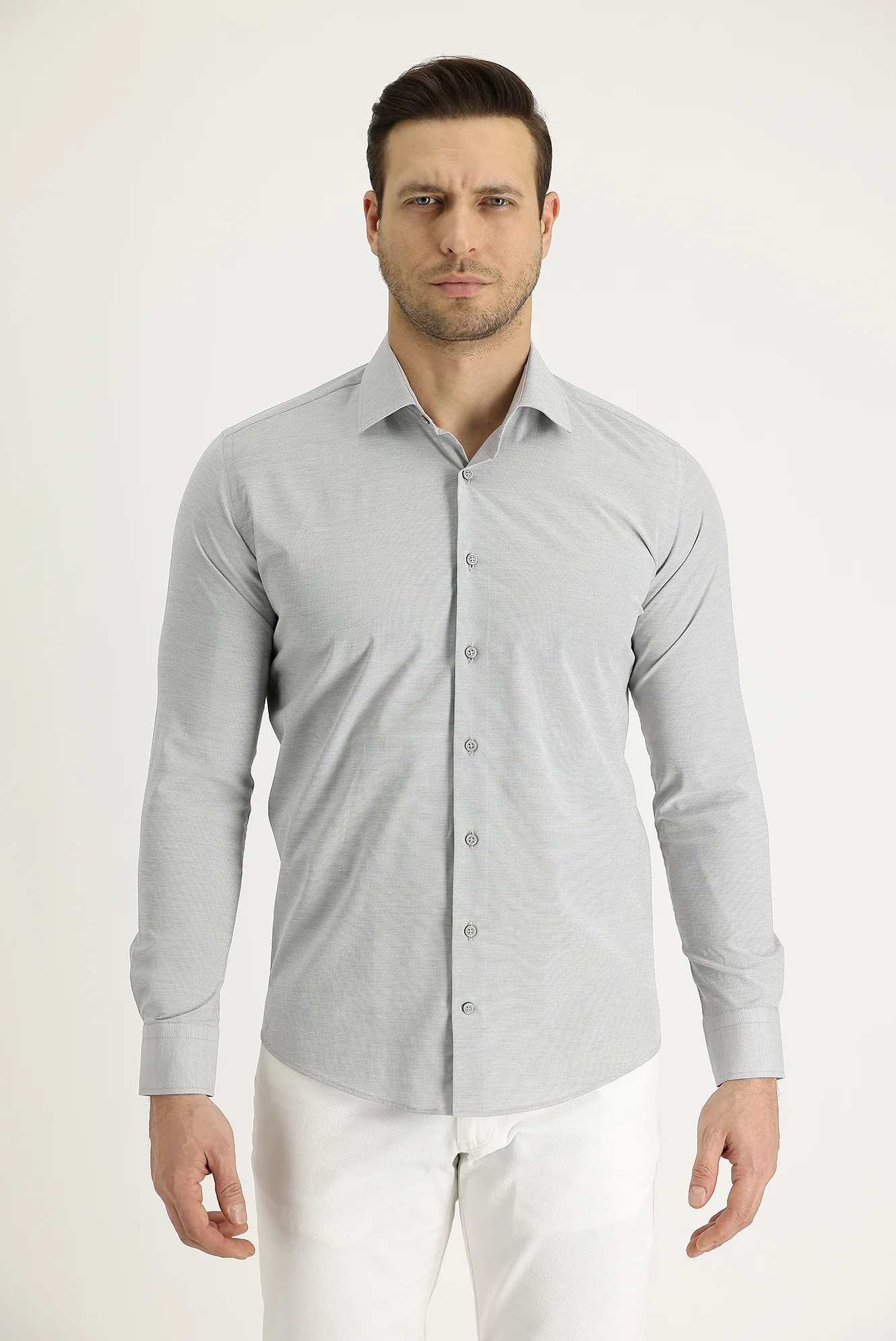 Titanyum Gri Uzun Kol Slim Fit Dar Kesim Klasik Desenli Pamuklu Kolay Ütülenebilir Gömlek - Image 2