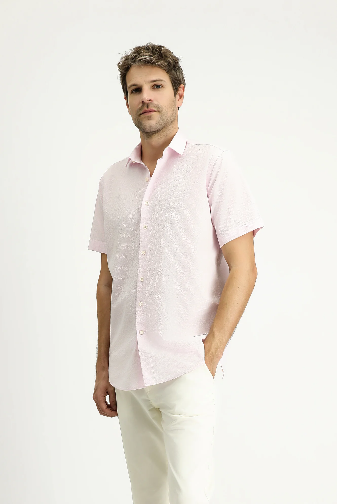Toz Pembe Kısa Kol Regular Fit Desenli Gofre Pamuk Gömlek - Image 3