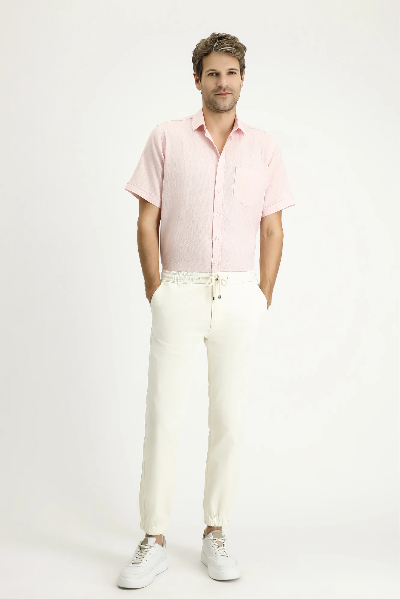 Toz Pembe Kısa Kol Regular Fit Desenli Keten Karışımlı Gömlek - Image 2
