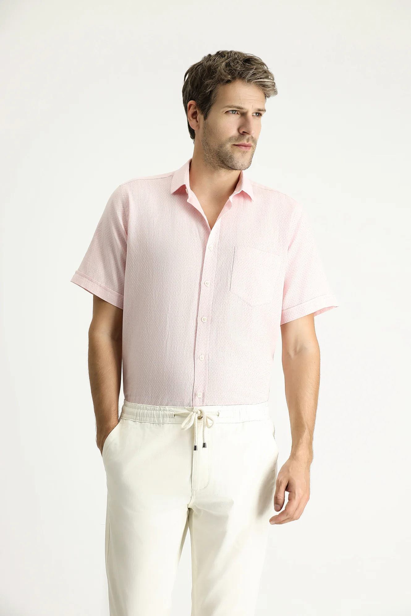 Toz Pembe Kısa Kol Regular Fit Desenli Keten Karışımlı Gömlek - Image 3