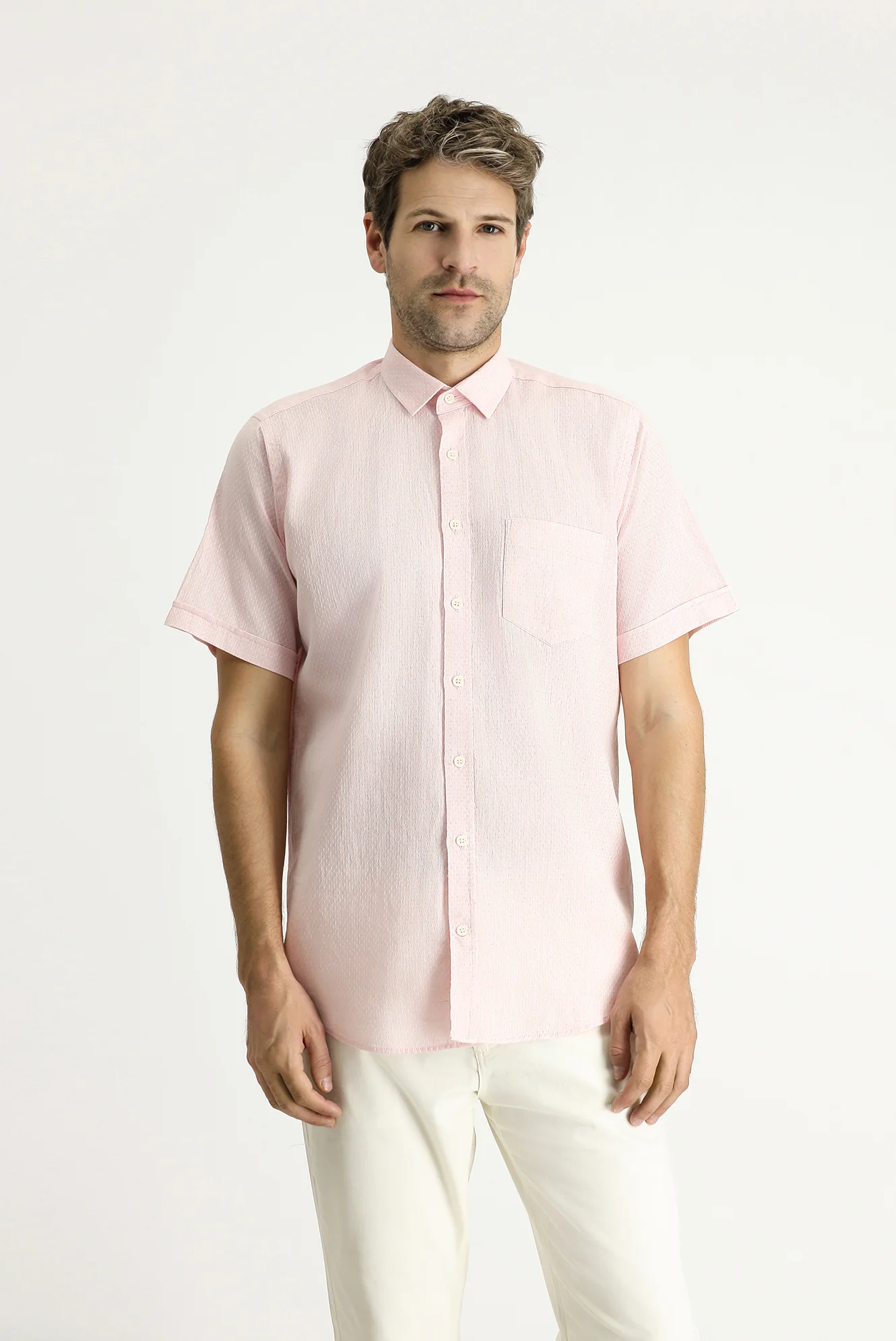 Toz Pembe Kısa Kol Regular Fit Desenli Keten Karışımlı Gömlek - Image 4