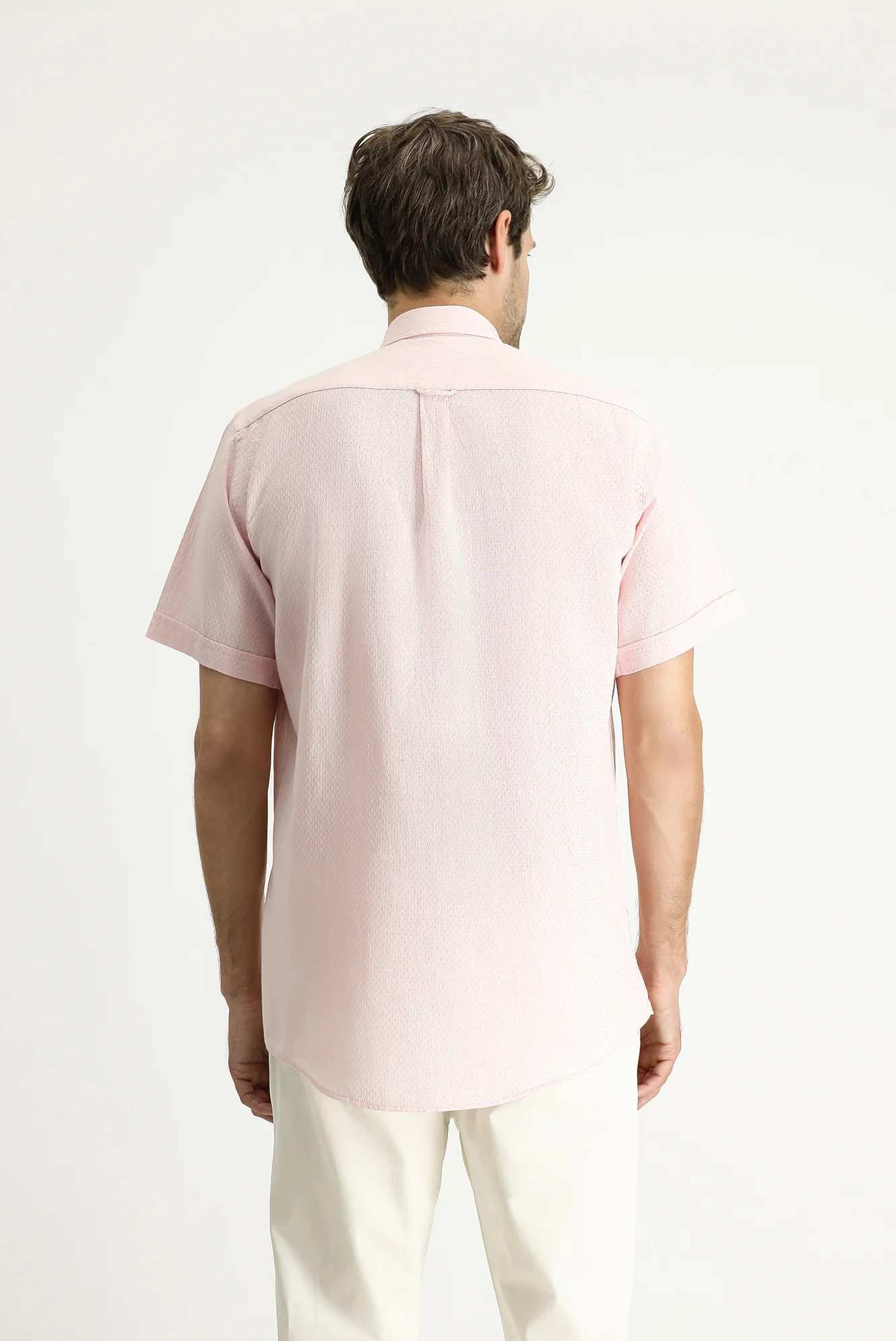 Toz Pembe Kısa Kol Regular Fit Desenli Keten Karışımlı Gömlek - Image 5