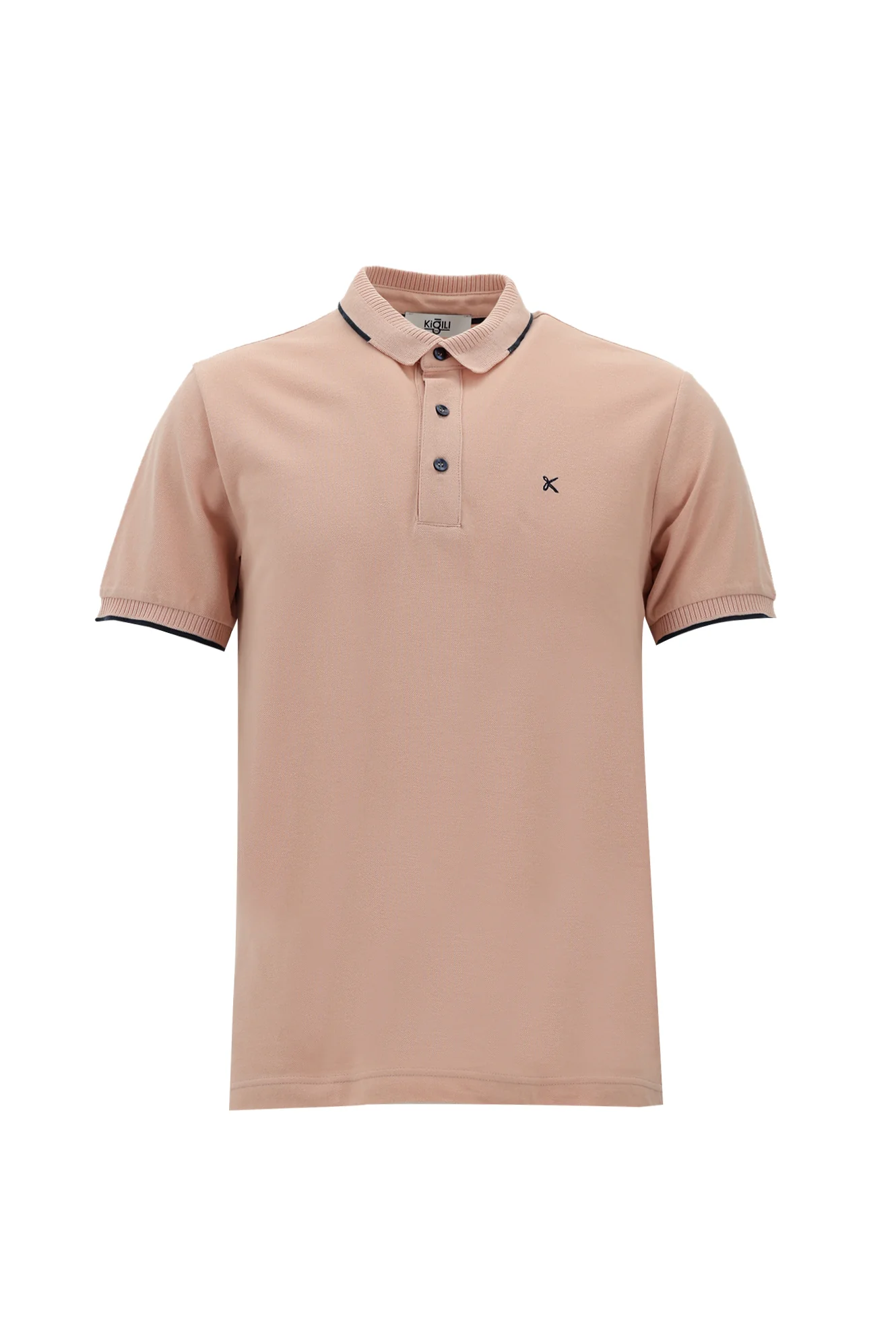 Toz Pembe Polo Yaka Slim Fit Dar Kesim Desenli Nakışlı Pamuk Tişört - Image 2